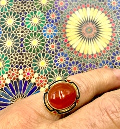 Art Deco Egyprian Revival Polychrome Enamel 14K Gold Cabochon Carnelian Ring