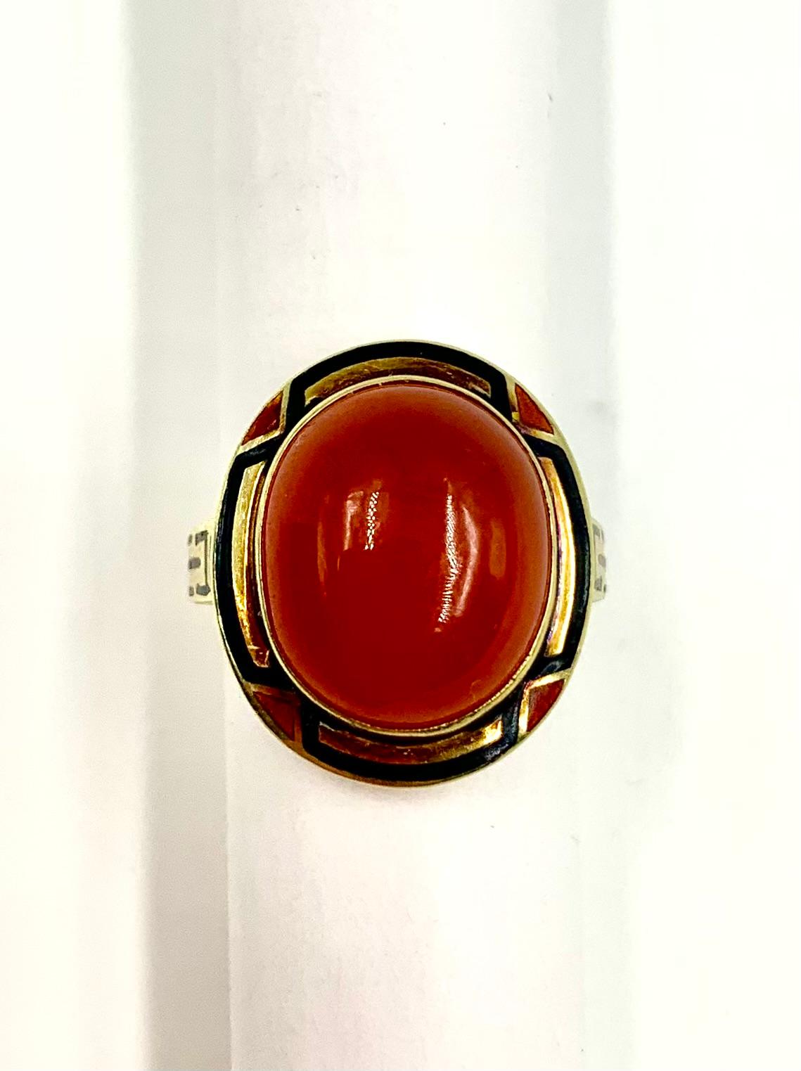 Art Deco Egyprian Revival Polychrome Enamel 14K Gold Cabochon Carnelian Ring For Sale 5