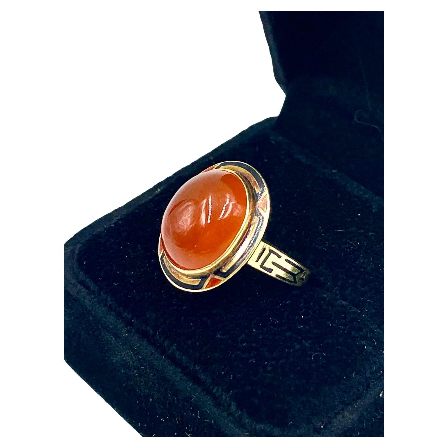 Art Deco Egyprian Revival Polychrome Enamel 14K Gold Cabochon Carnelian Ring For Sale
