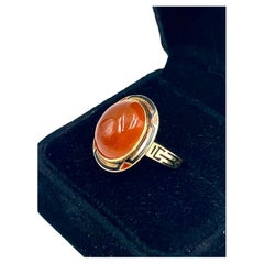 Art Deco Egyprian Revival Polychrome Enamel 14K Gold Cabochon Carnelian Ring