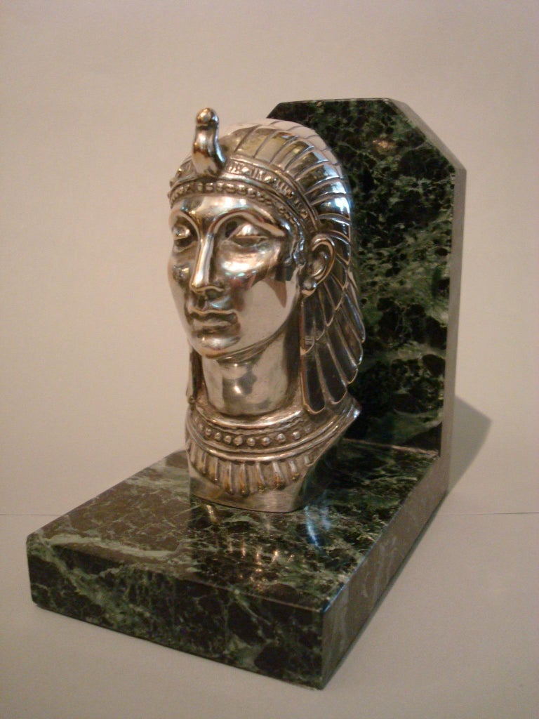 Art Deco Egyptian Head Silvered Bronze Signed Frecourt Bookends at 1stDibs