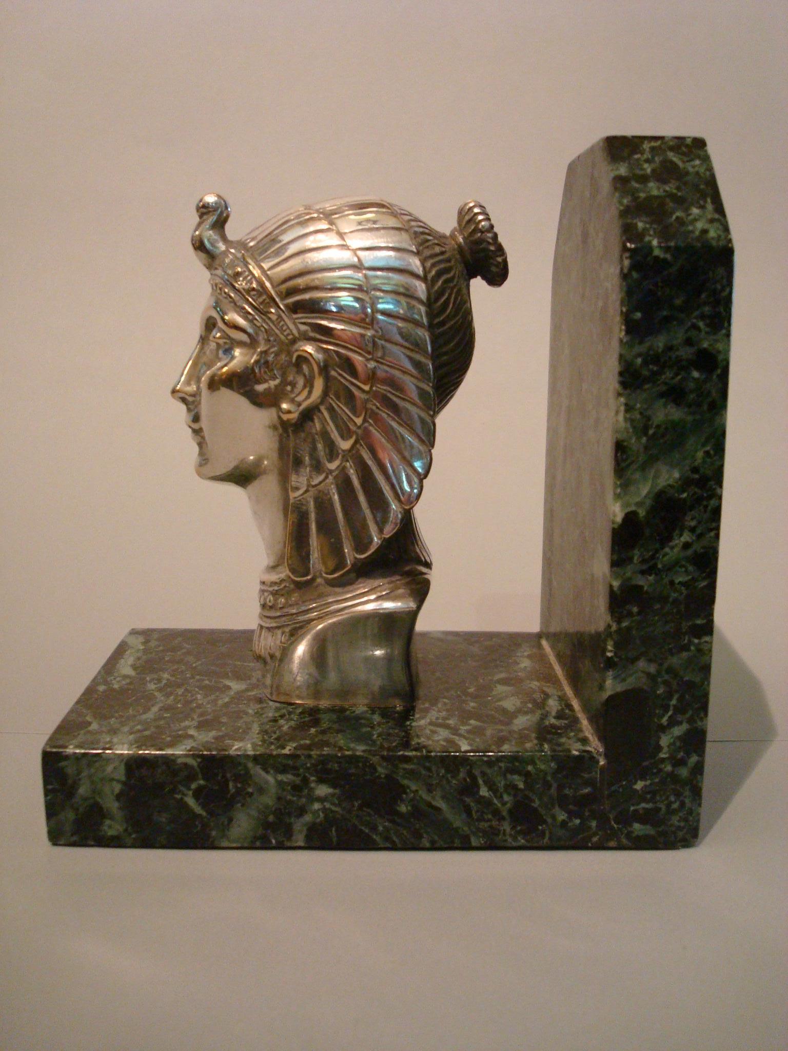 French Art Deco Egyptian Head Silvered Bronze Signed Frecourt Bookends