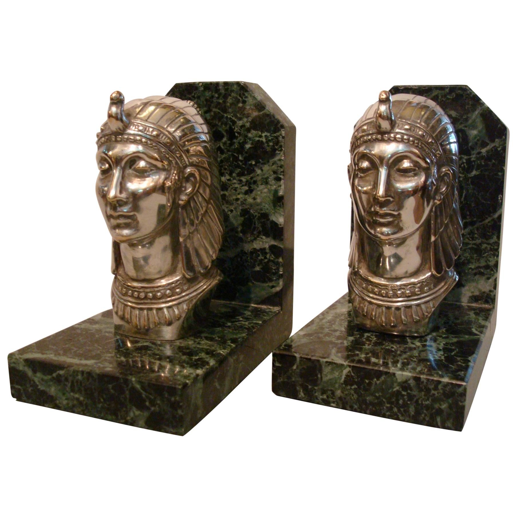 Art Deco Egyptian Head Silvered Bronze Signed Frecourt Bookends