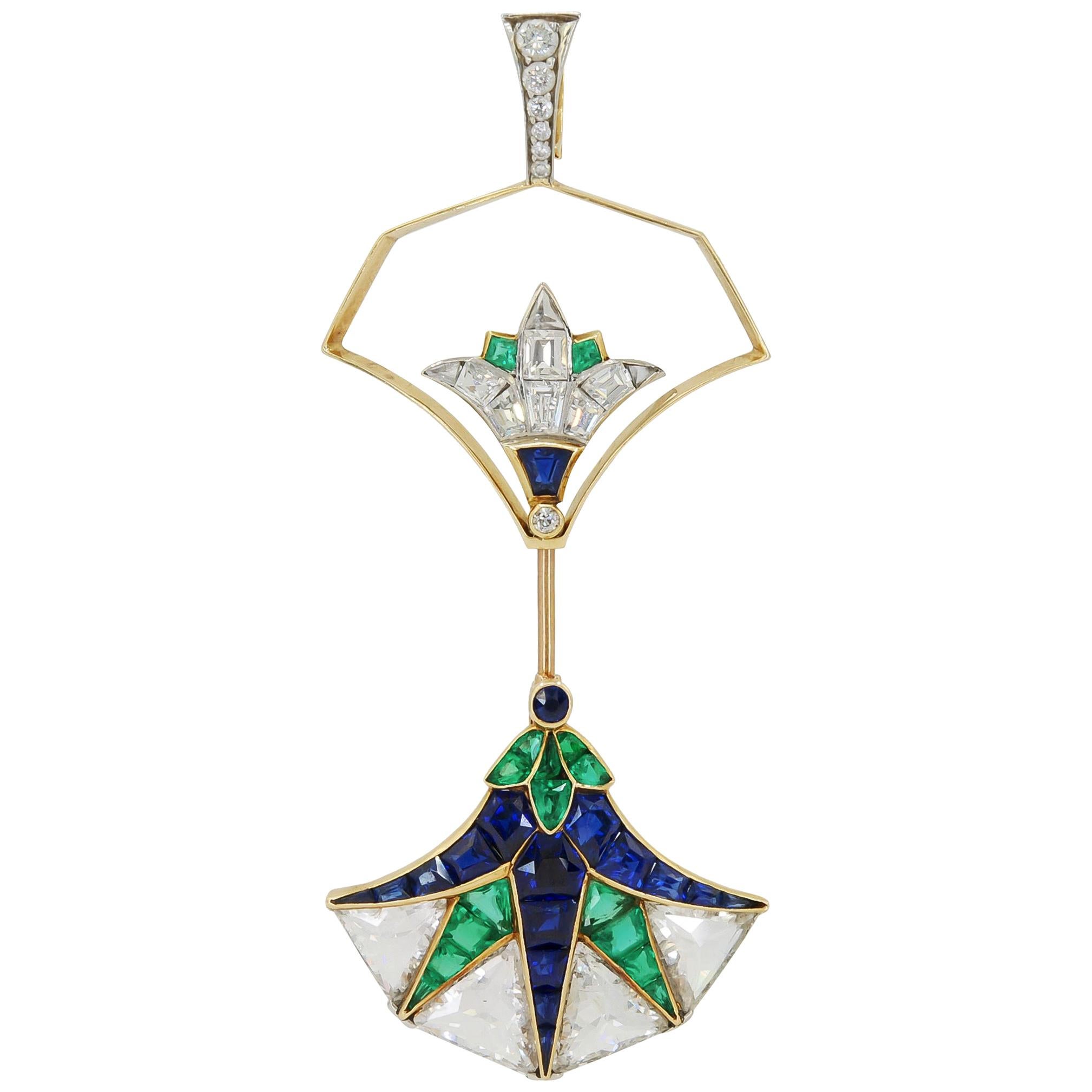 Art Deco Diamond Emerald Sapphire Yellow Gold Egyptian Jabot Convertible Brooch