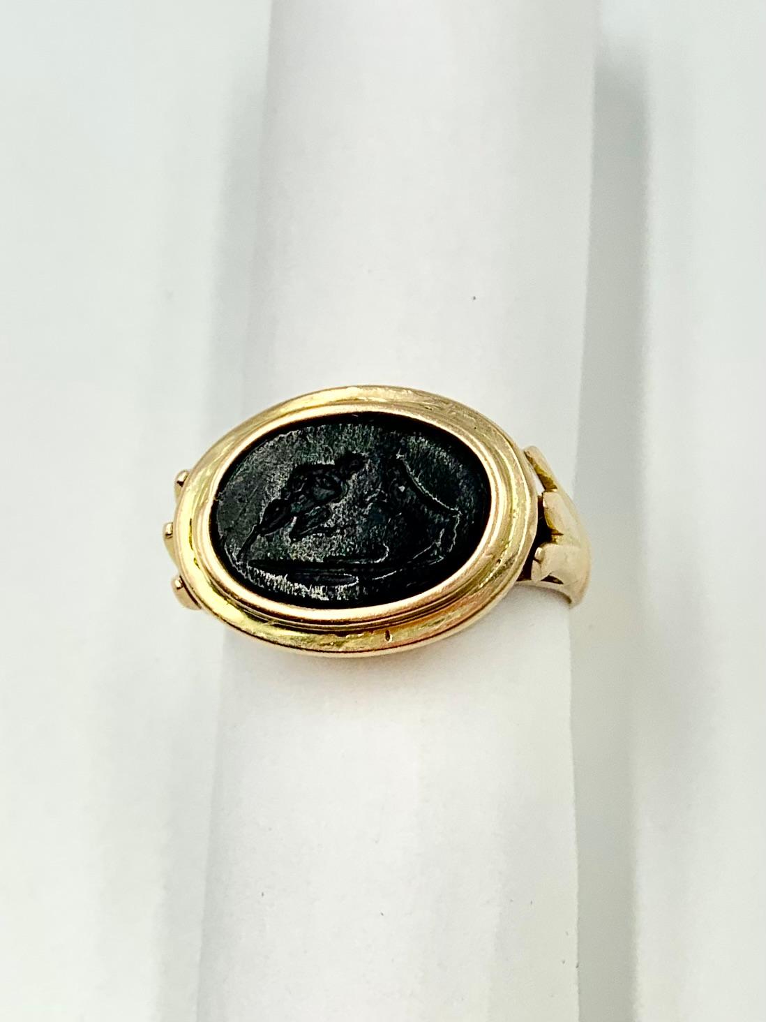 Art Deco Egyptian Revival 14K Yellow Gold Satyr and Goat Tassie Oval Signet Ring For Sale 6