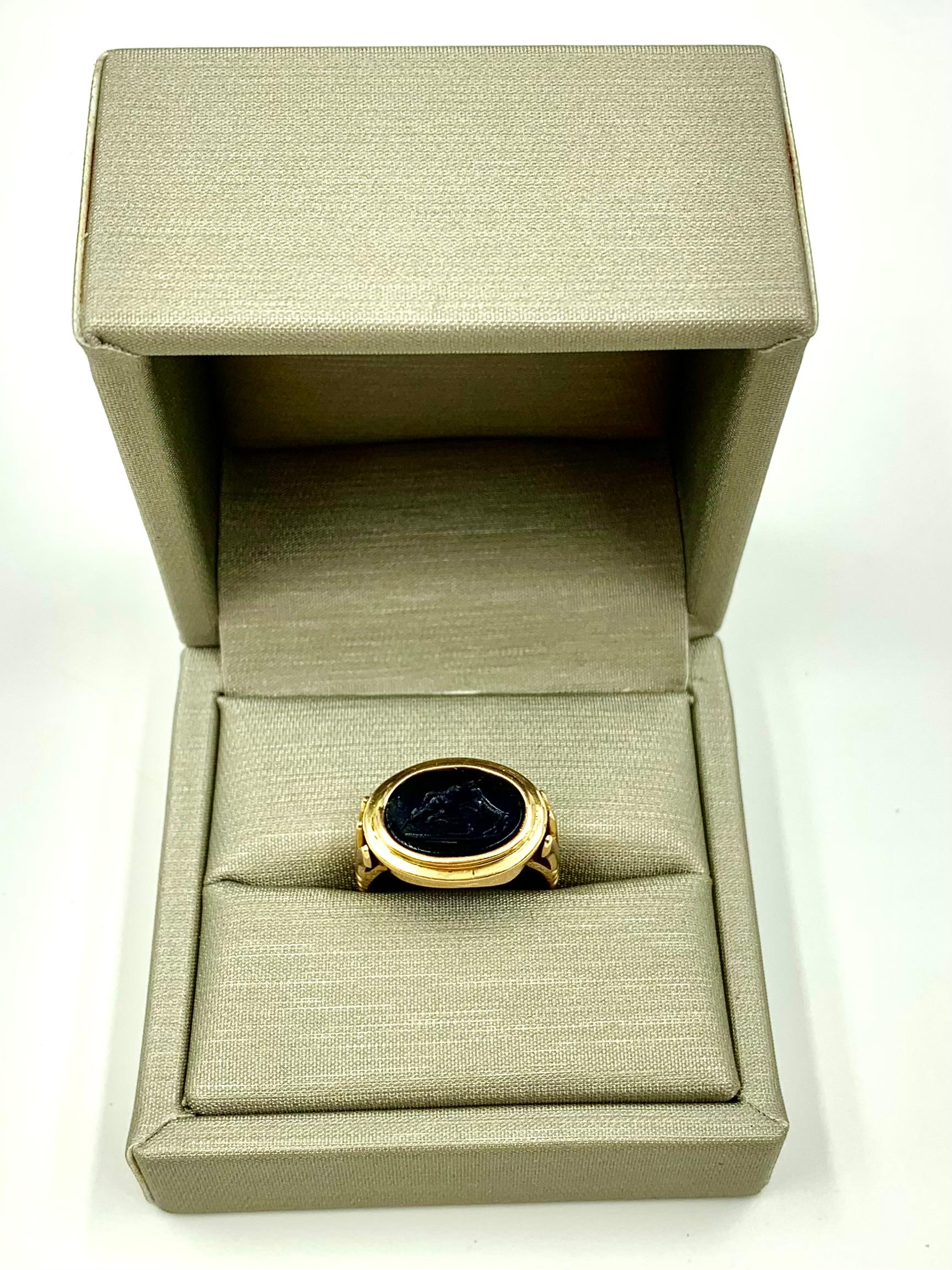 Art Deco Egyptian Revival 14K Yellow Gold Satyr and Goat Tassie Oval Signet Ring For Sale 7