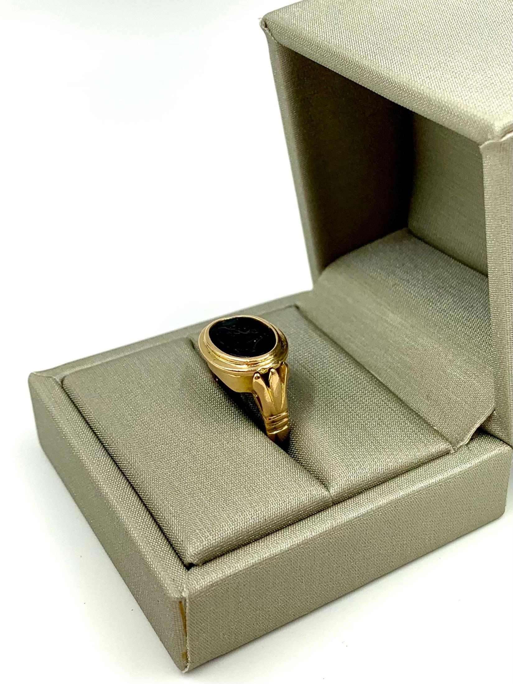 Art Deco Egyptian Revival 14K Yellow Gold Satyr and Goat Tassie Oval Signet Ring For Sale 8