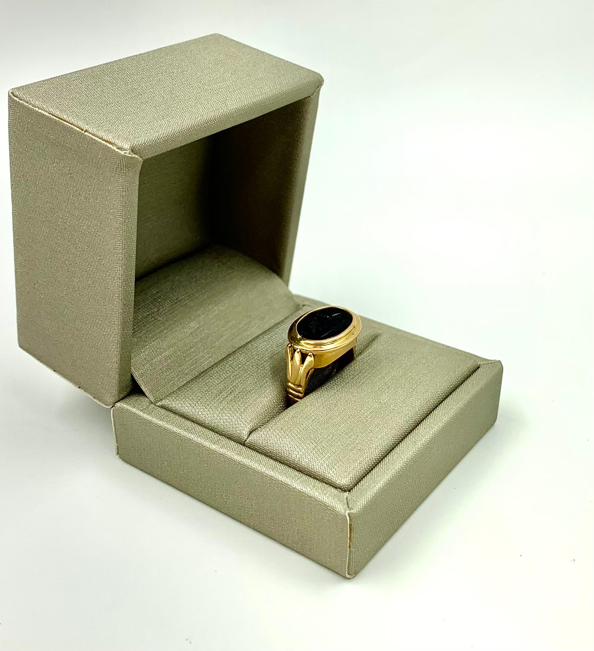 Art Deco Egyptian Revival 14K Yellow Gold Satyr and Goat Tassie Oval Signet Ring For Sale 9