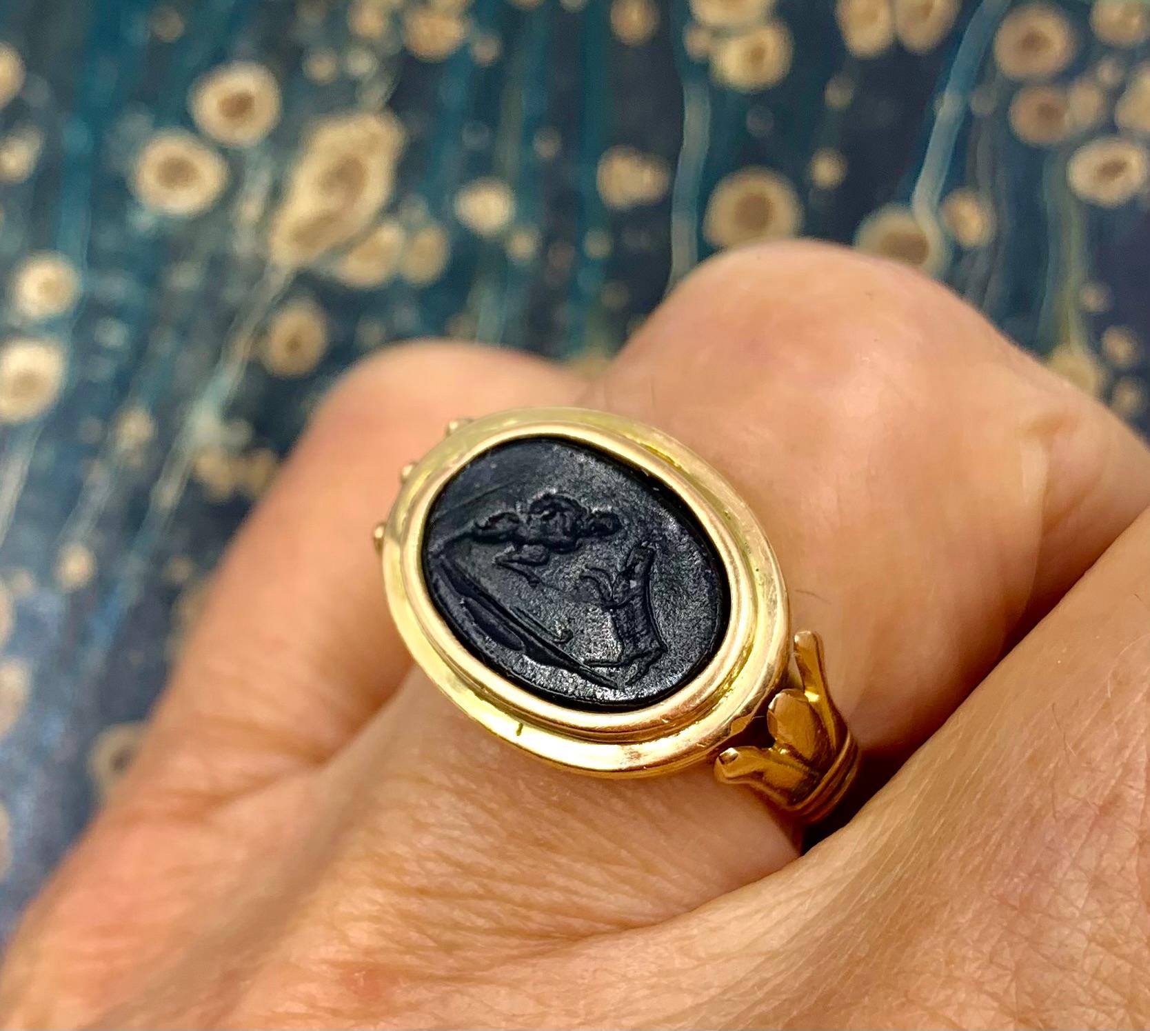 Art Deco Egyptian Revival 14K Yellow Gold Satyr and Goat Tassie Oval Signet Ring For Sale 12