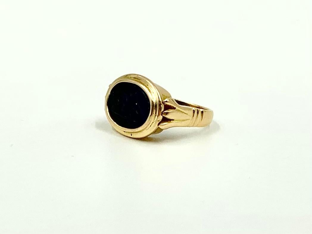 Art Deco Egyptian Revival 14K Yellow Gold Satyr and Goat Tassie Oval Signet Ring For Sale 1