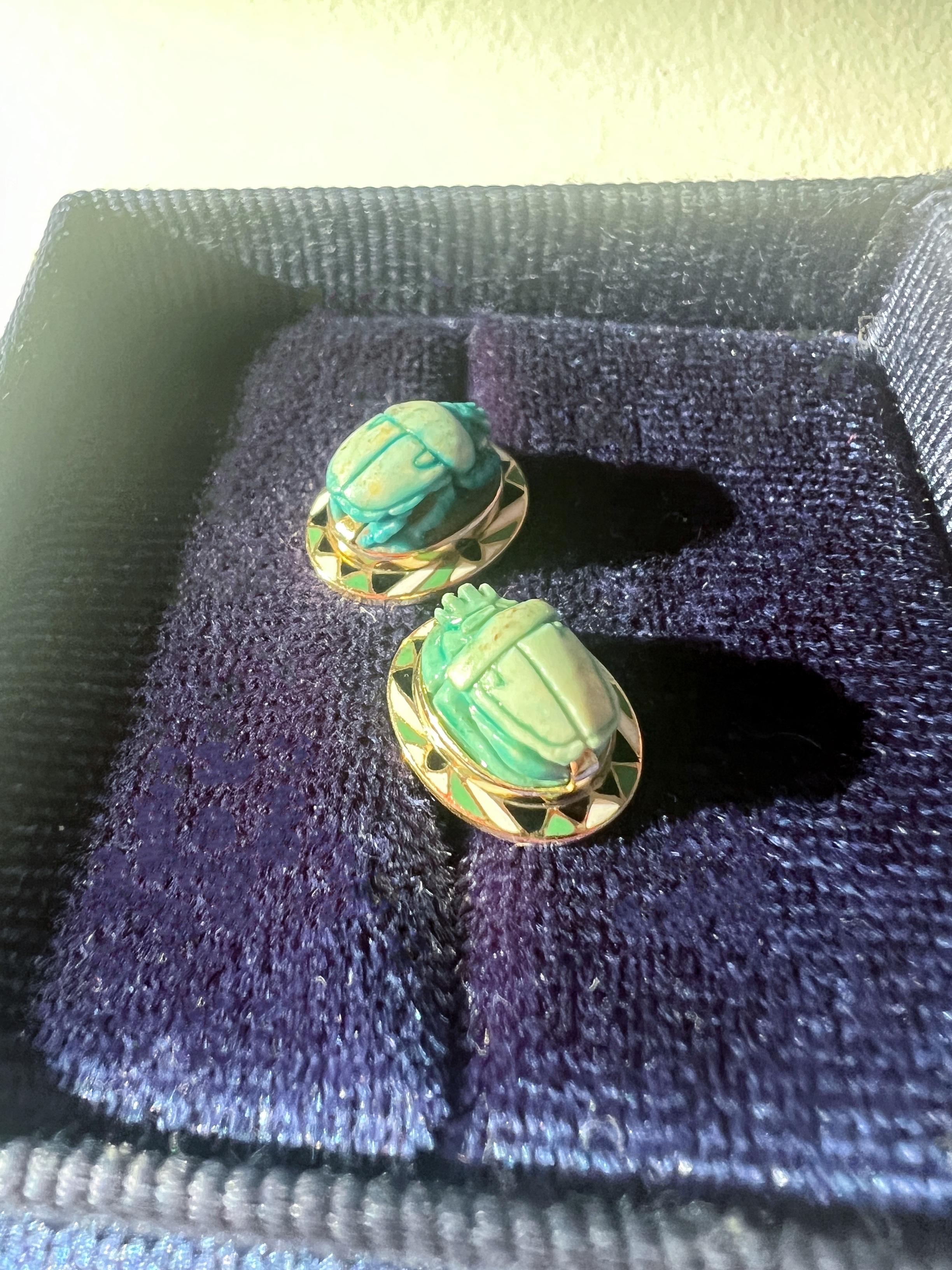 Art Deco Egyptian Revival 18k Gold Enamel Scarab Stud Earrings 2