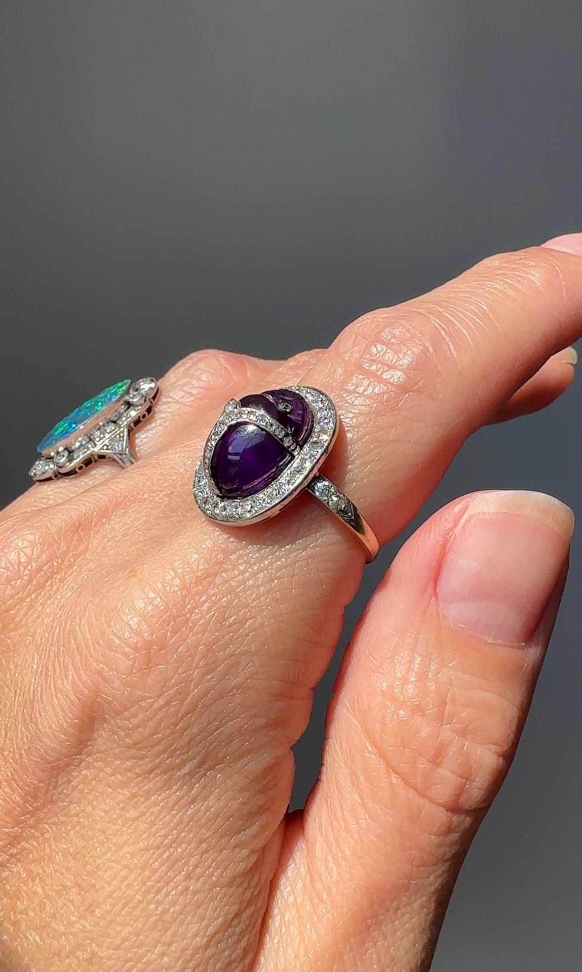 Egyptian revival jewelry became wildly popular during the Art Deco period after King Tut’s tomb was discovered in 1922. This insanely cool diamond eyed scarab is crafted from a juicy amethyst, outlined in shimmering single and rose-cut diamonds.
