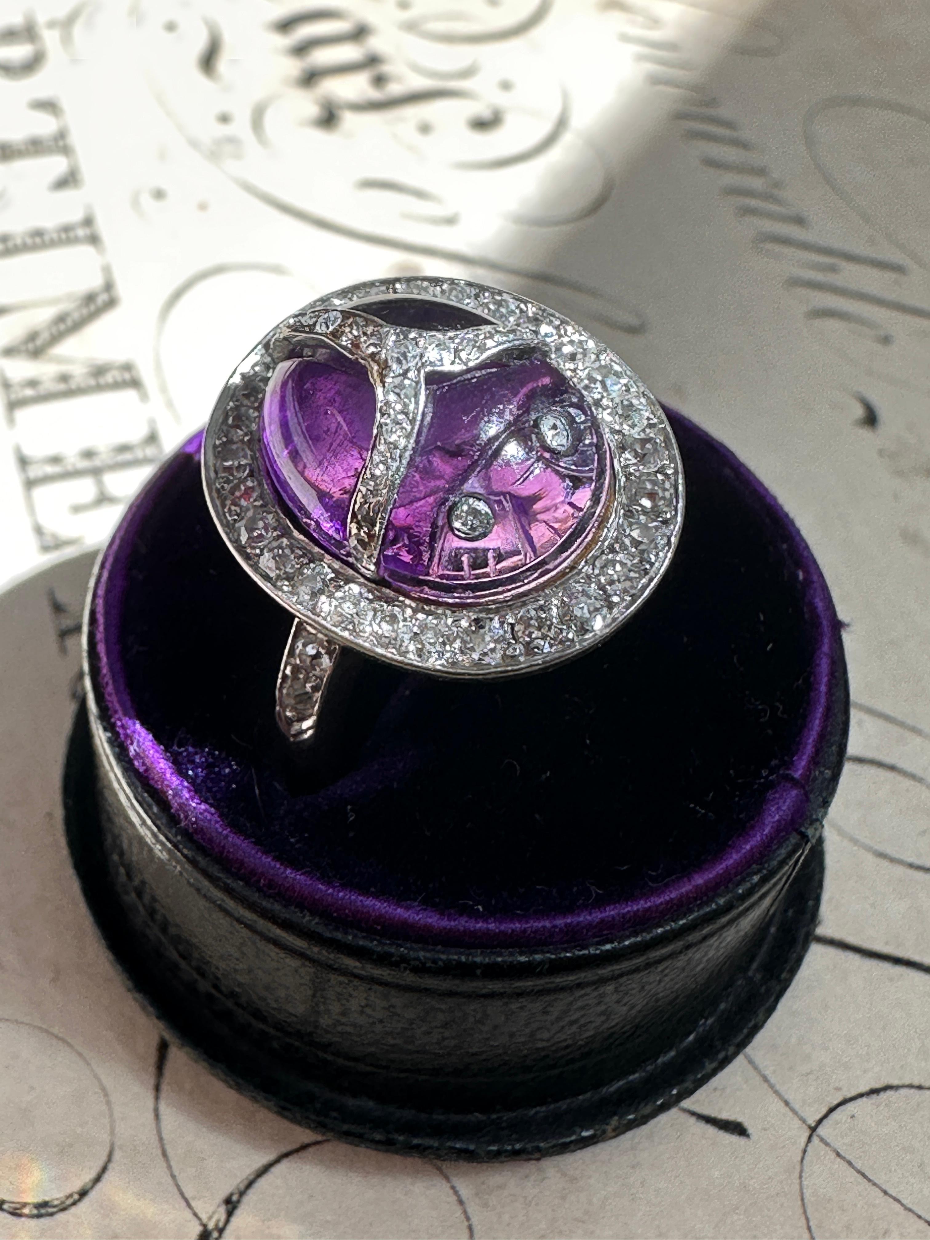 Cabochon Art Deco Egyptian Revival Amethyst and Diamond Scarab RIng For Sale