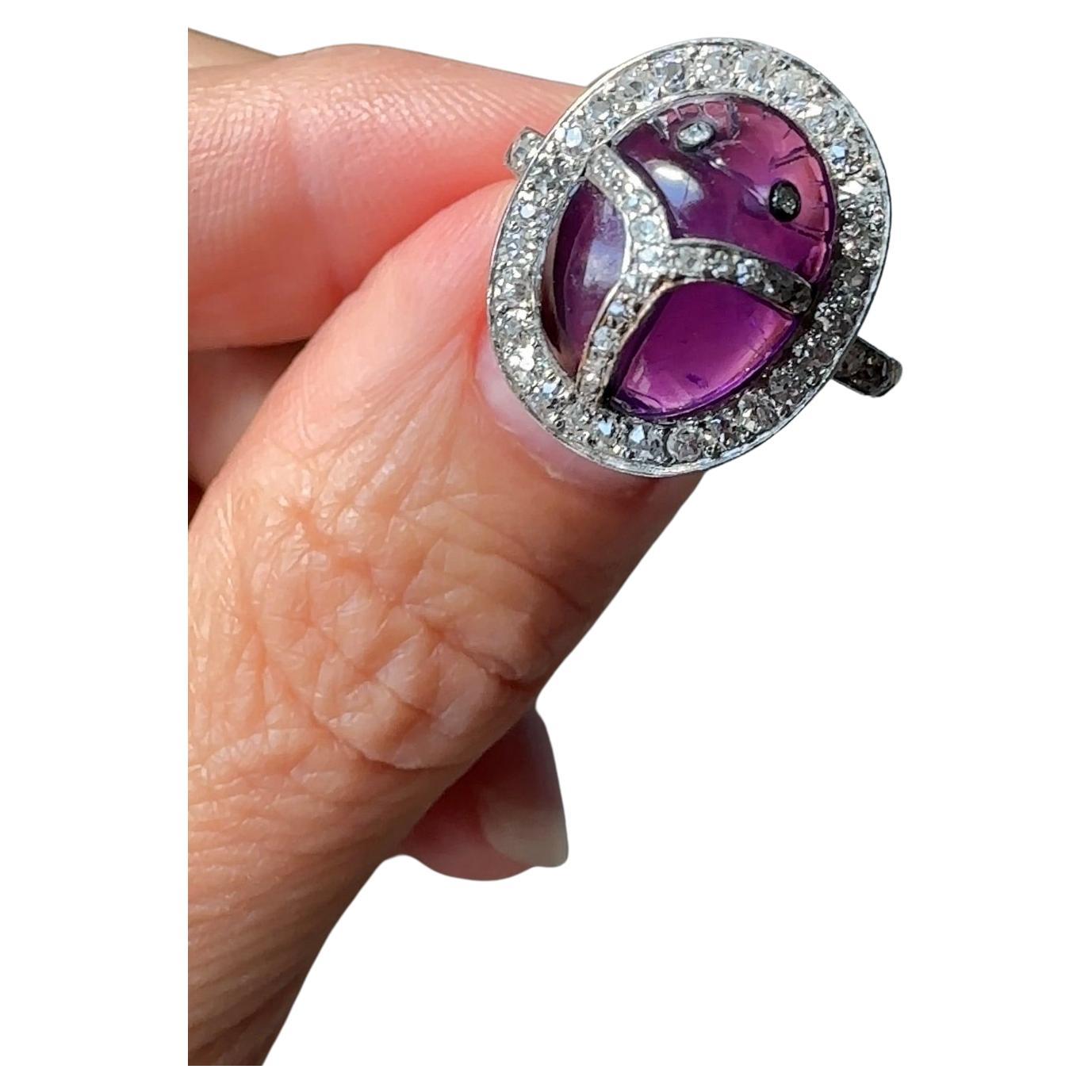Art Deco Egyptian Revival Amethyst and Diamond Scarab RIng For Sale