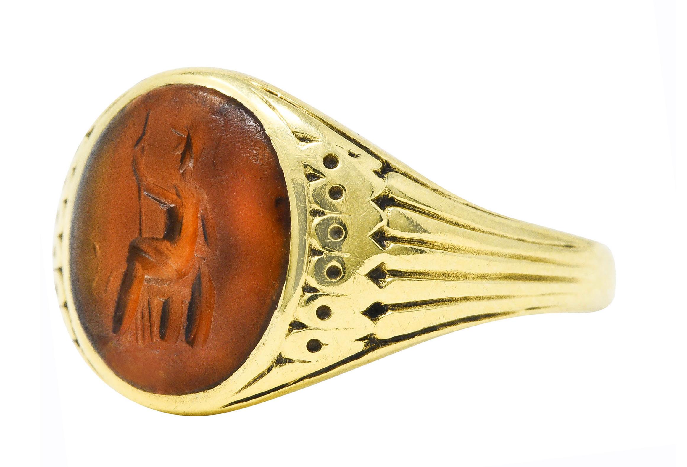 Art Deco Egyptian Revival Banded Agate 14 Karat Yellow Gold Pharaoh Intaglio Uni In Excellent Condition In Philadelphia, PA