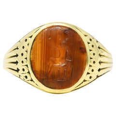 Art Deco Egyptian Revival Banded Agate 14 Karat Yellow Gold Pharaoh Intaglio Uni