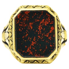 Vintage Art Deco Egyptian Revival Bloodstone 14 Karat Gold Lotus Signet Unisex Ring