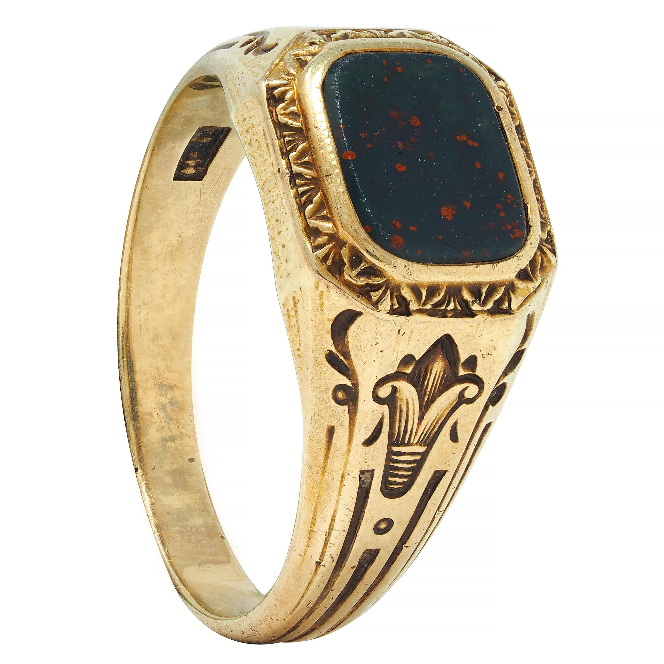 Art Deco Egyptian Revival Bloodstone 14 Karat Yellow Gold Antique Signet Ring 7