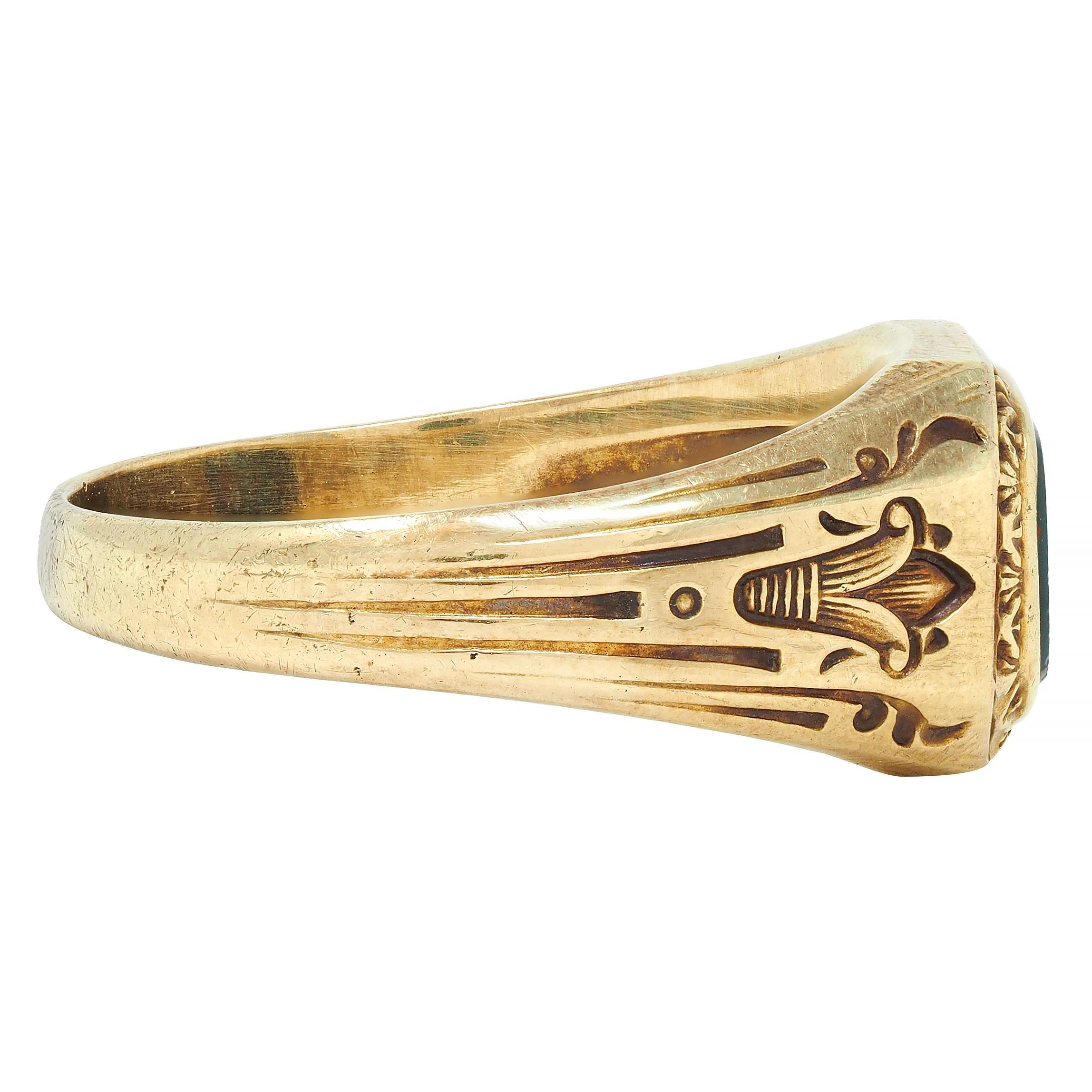 Women's or Men's Art Deco Egyptian Revival Bloodstone 14 Karat Yellow Gold Antique Signet Ring