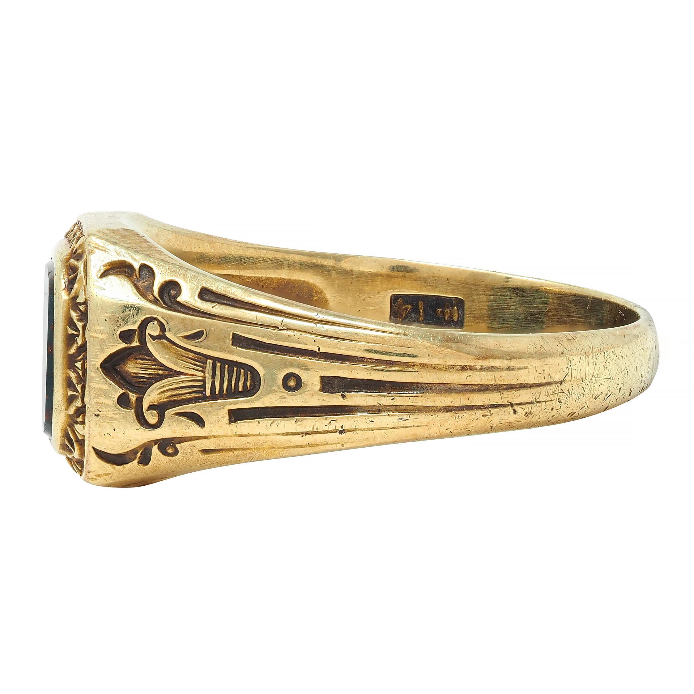 Art Deco Egyptian Revival Bloodstone 14 Karat Yellow Gold Antique Signet Ring 2