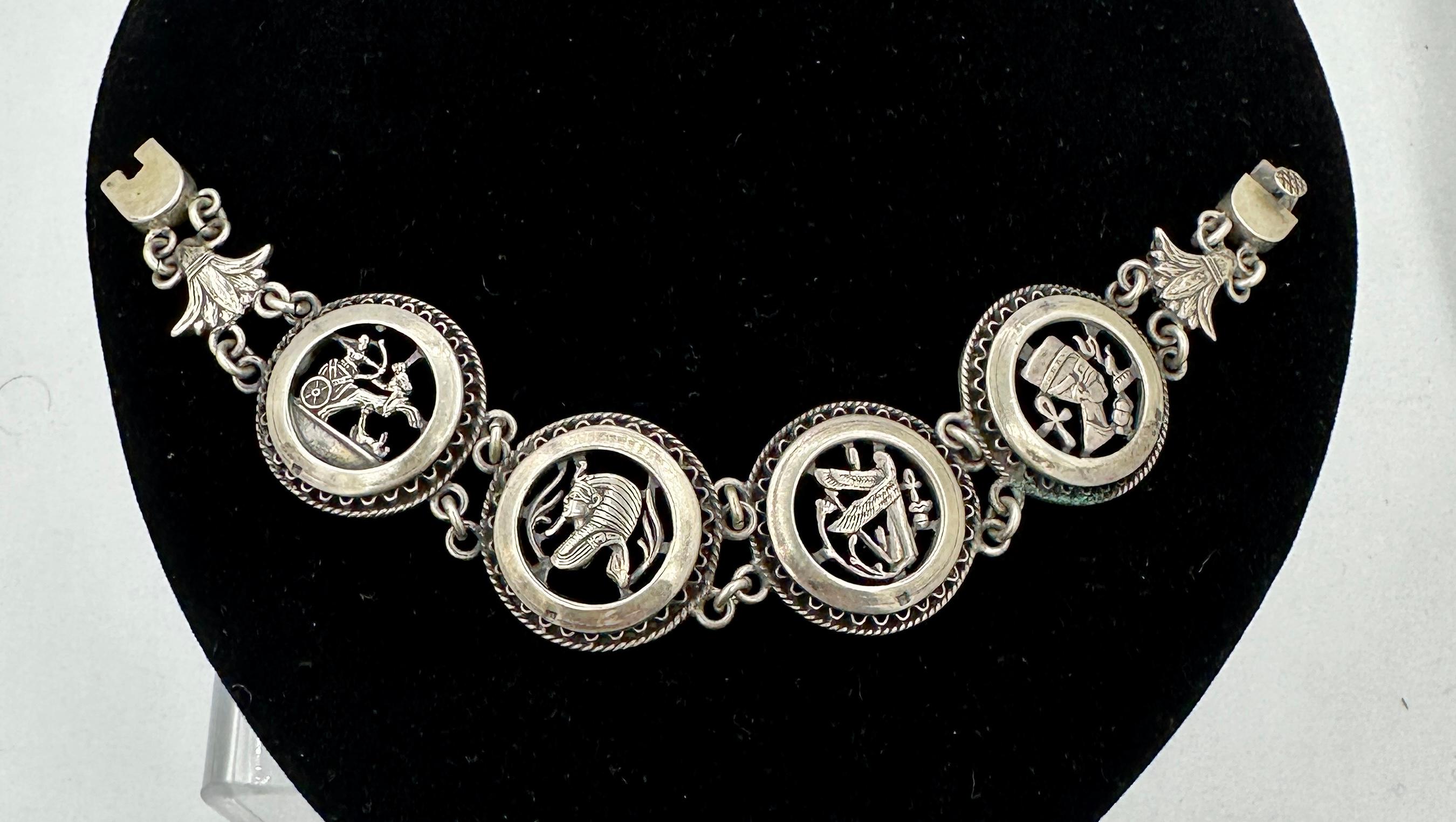 Art Deco Egyptian Revival Bracelet Sterling Silver Chariot King Tut Nefertiti In Excellent Condition For Sale In New York, NY
