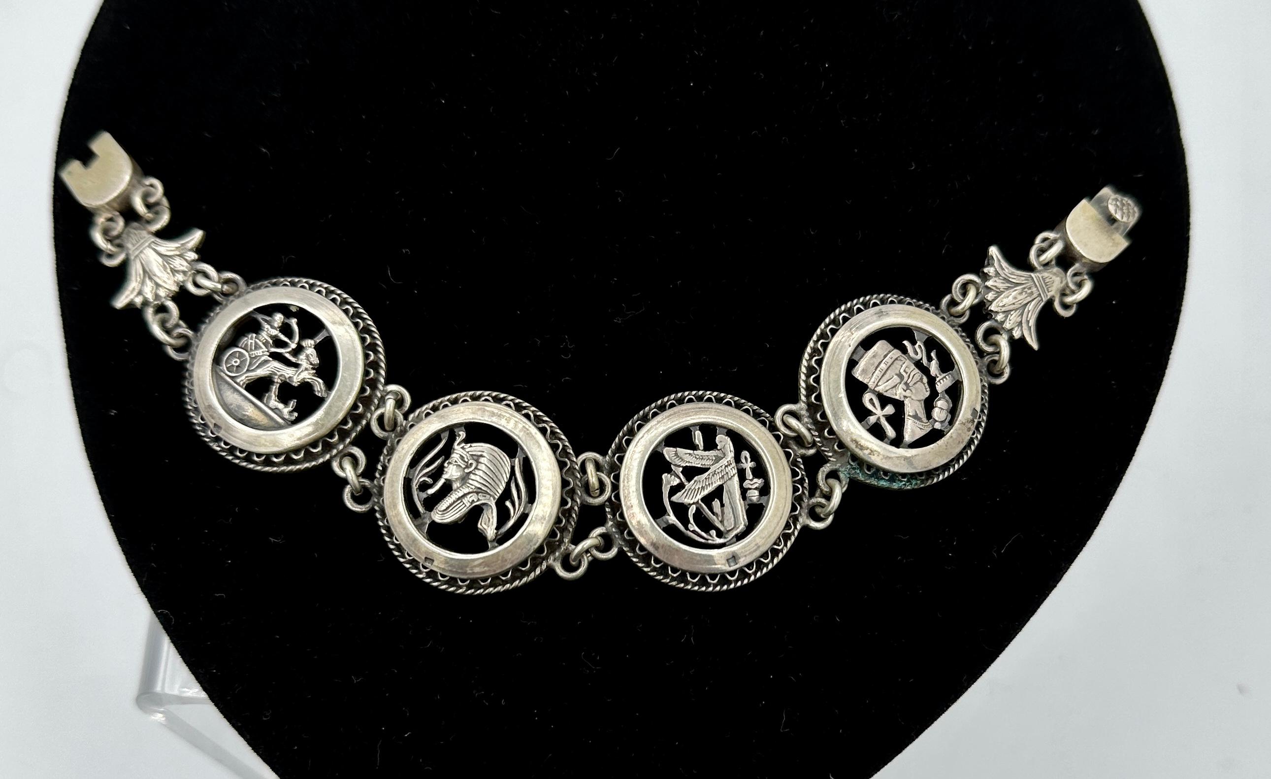 Women's or Men's Art Deco Egyptian Revival Bracelet Sterling Silver Chariot King Tut Nefertiti For Sale