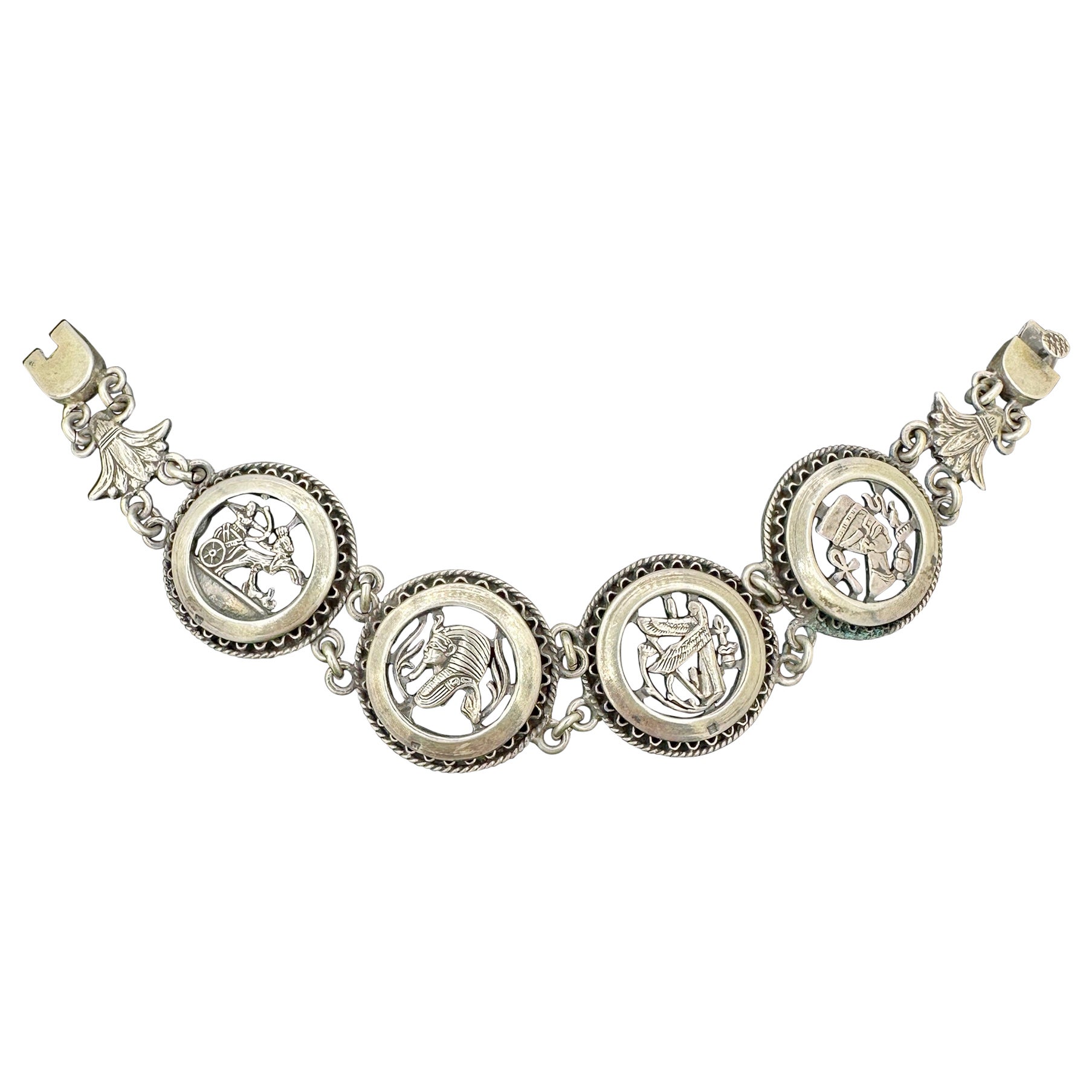 Art Deco Ägyptisches Revival-Armband aus Sterlingsilber, Chariot King Tut Nefertiti, König Tut Nefertiti