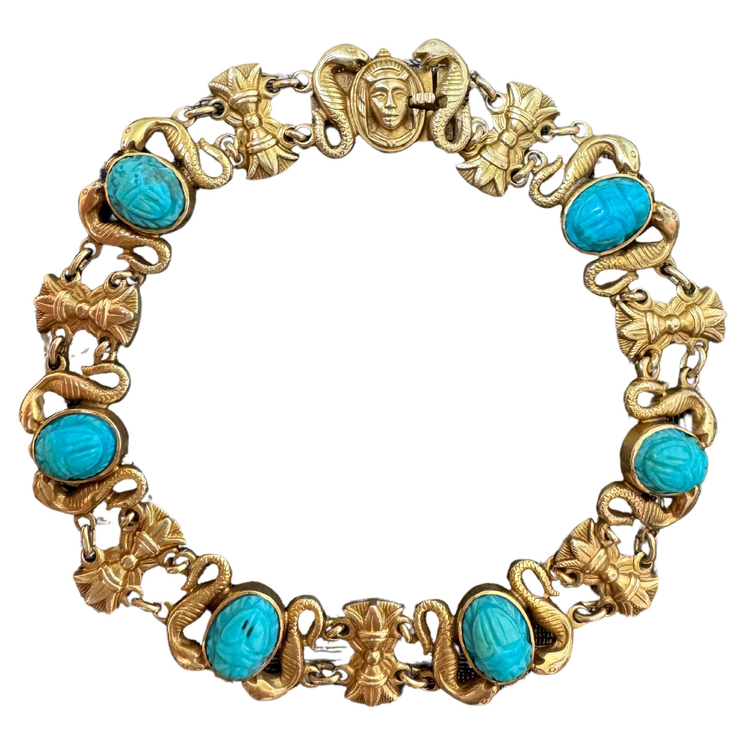 Art Deco Egyptian Revival Bracelet with Turquoise Scarabs