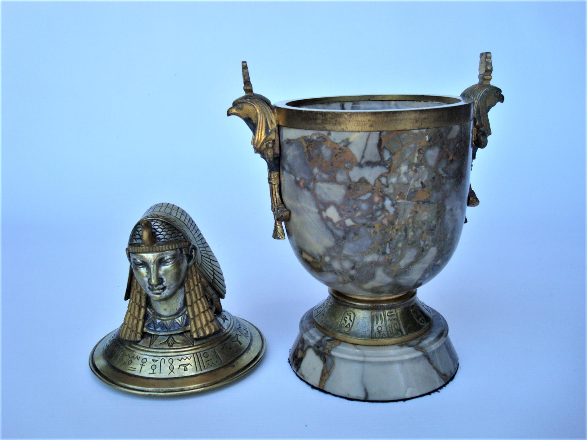 Art Deco Egyptian Revival Bronze & Marble Urn with Lid 7
