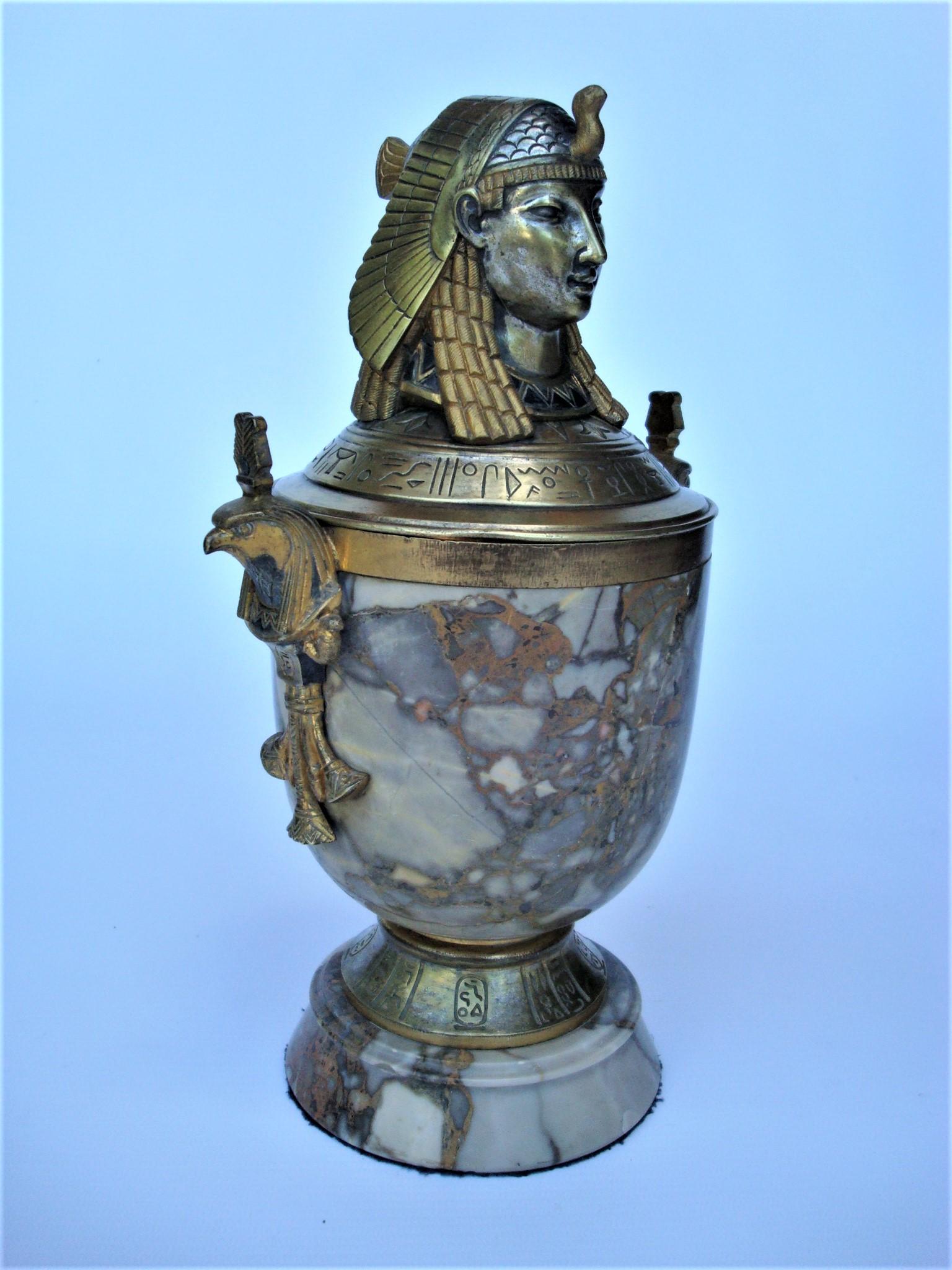 Art Deco Egyptian Revival Bronze & Marble Urn with Lid 9