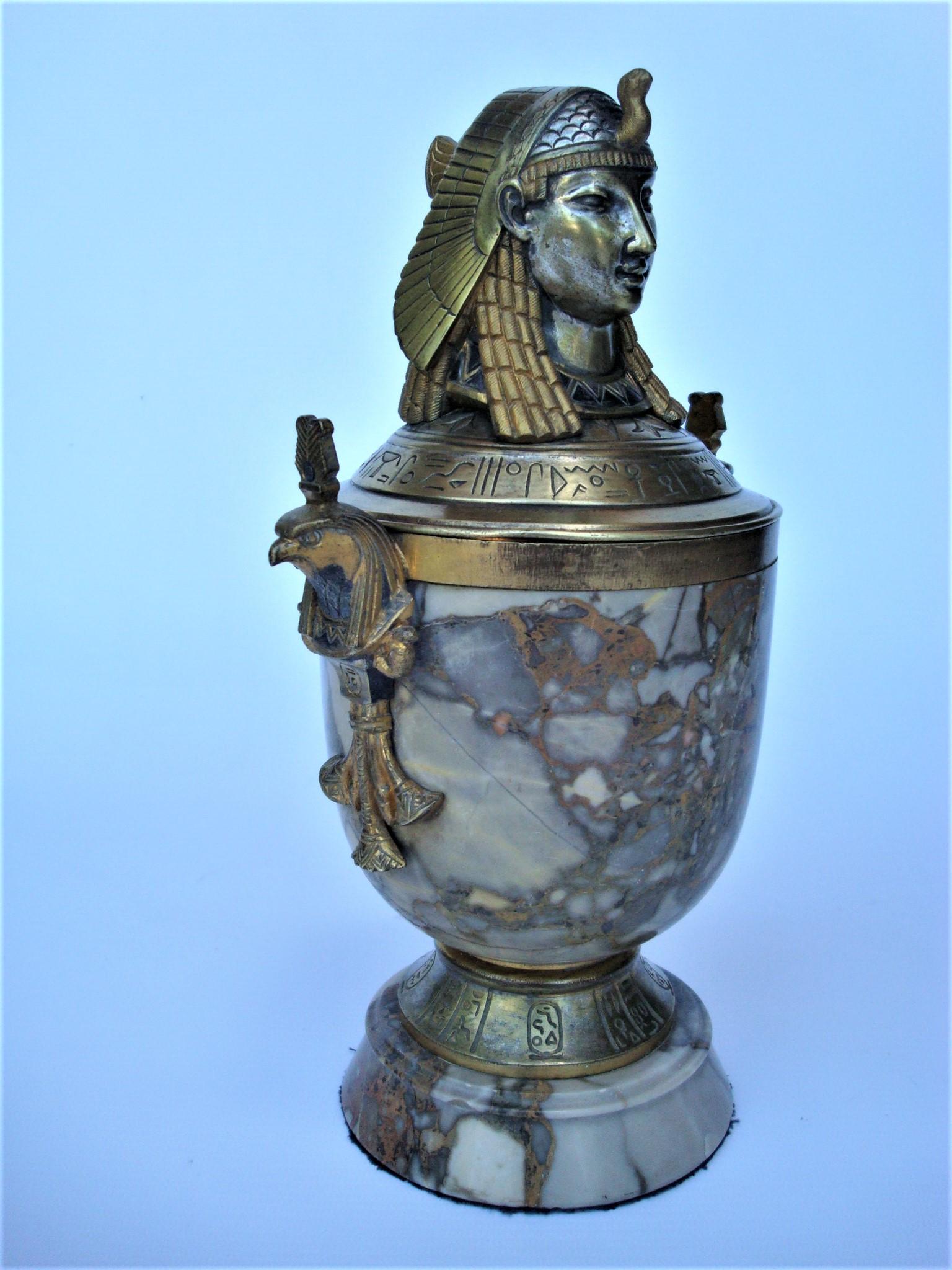 French Art Deco Egyptian Revival Bronze & Marble Urn with Lid