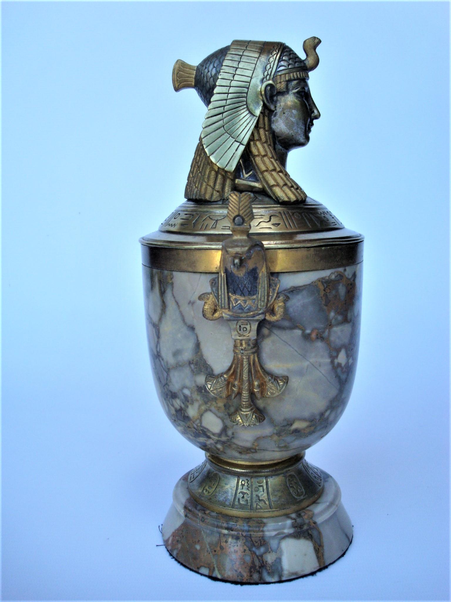 Gilt Art Deco Egyptian Revival Bronze & Marble Urn with Lid
