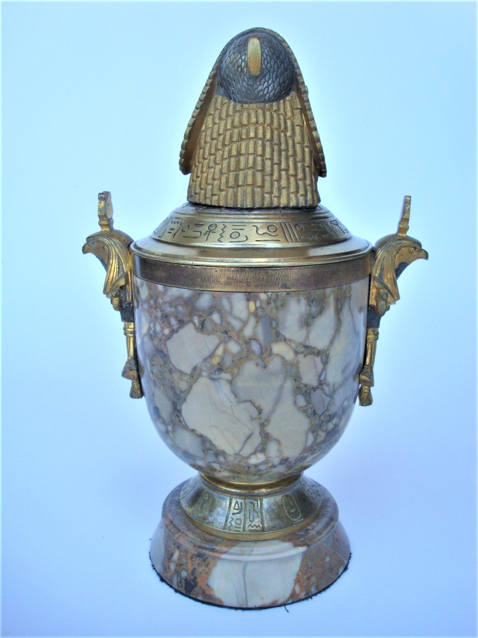 Art Deco Egyptian Revival Bronze & Marble Urn with Lid 1
