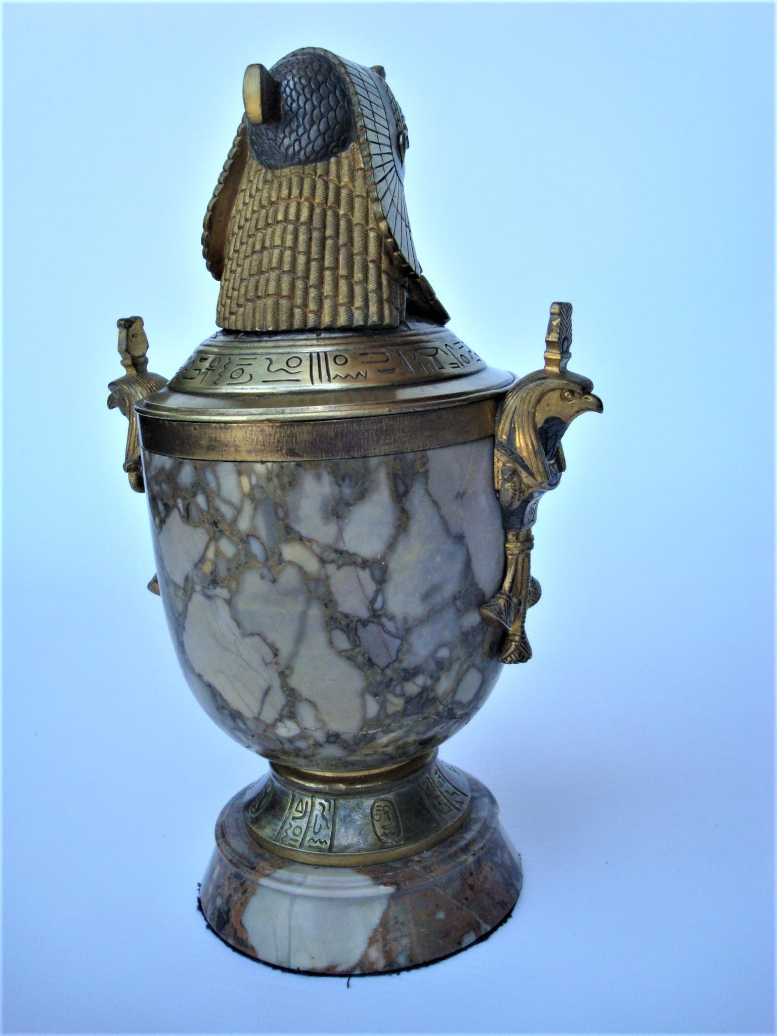 Art Deco Egyptian Revival Bronze & Marble Urn with Lid 3