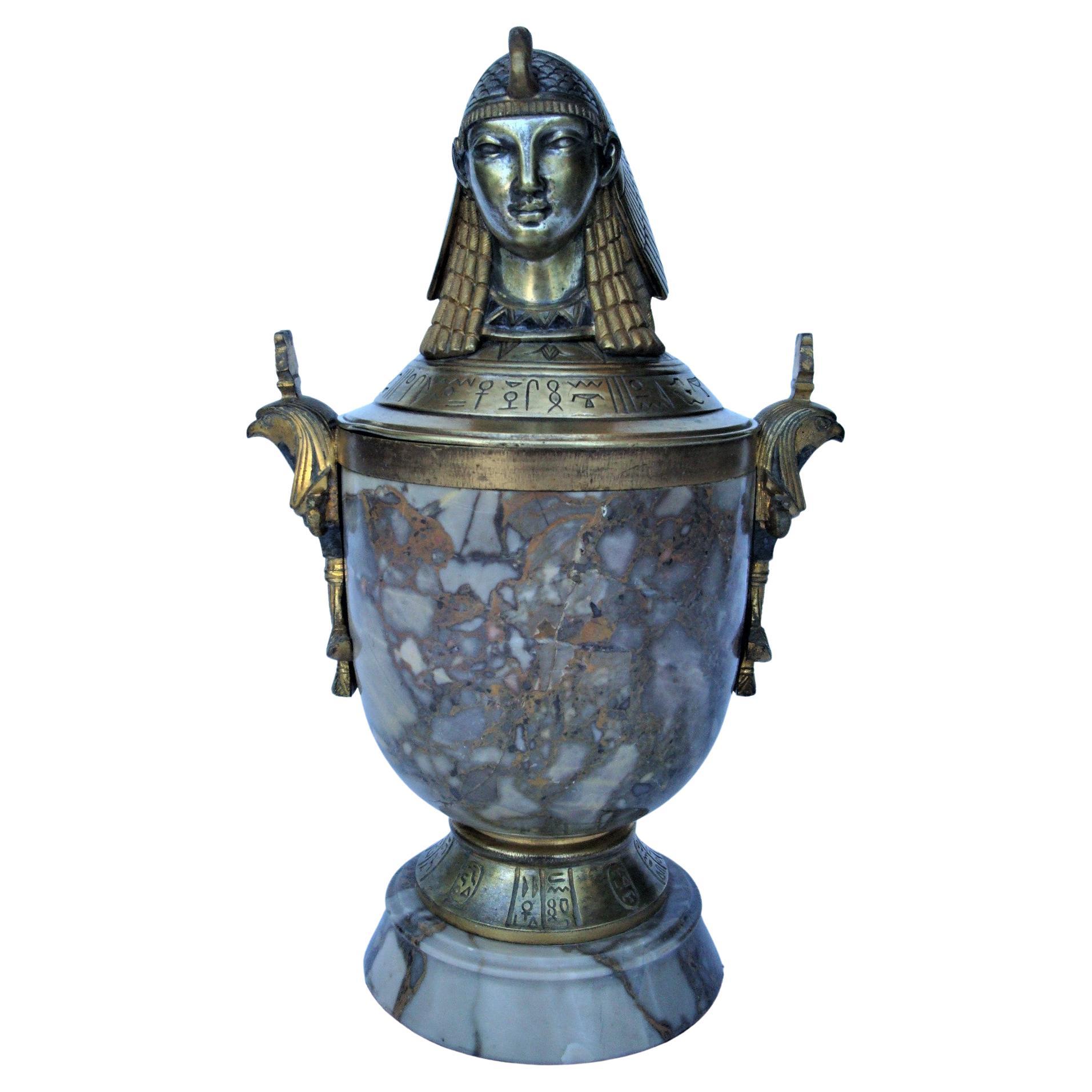 Art Deco Egyptian Revival Bronze & Marble Urn with Lid