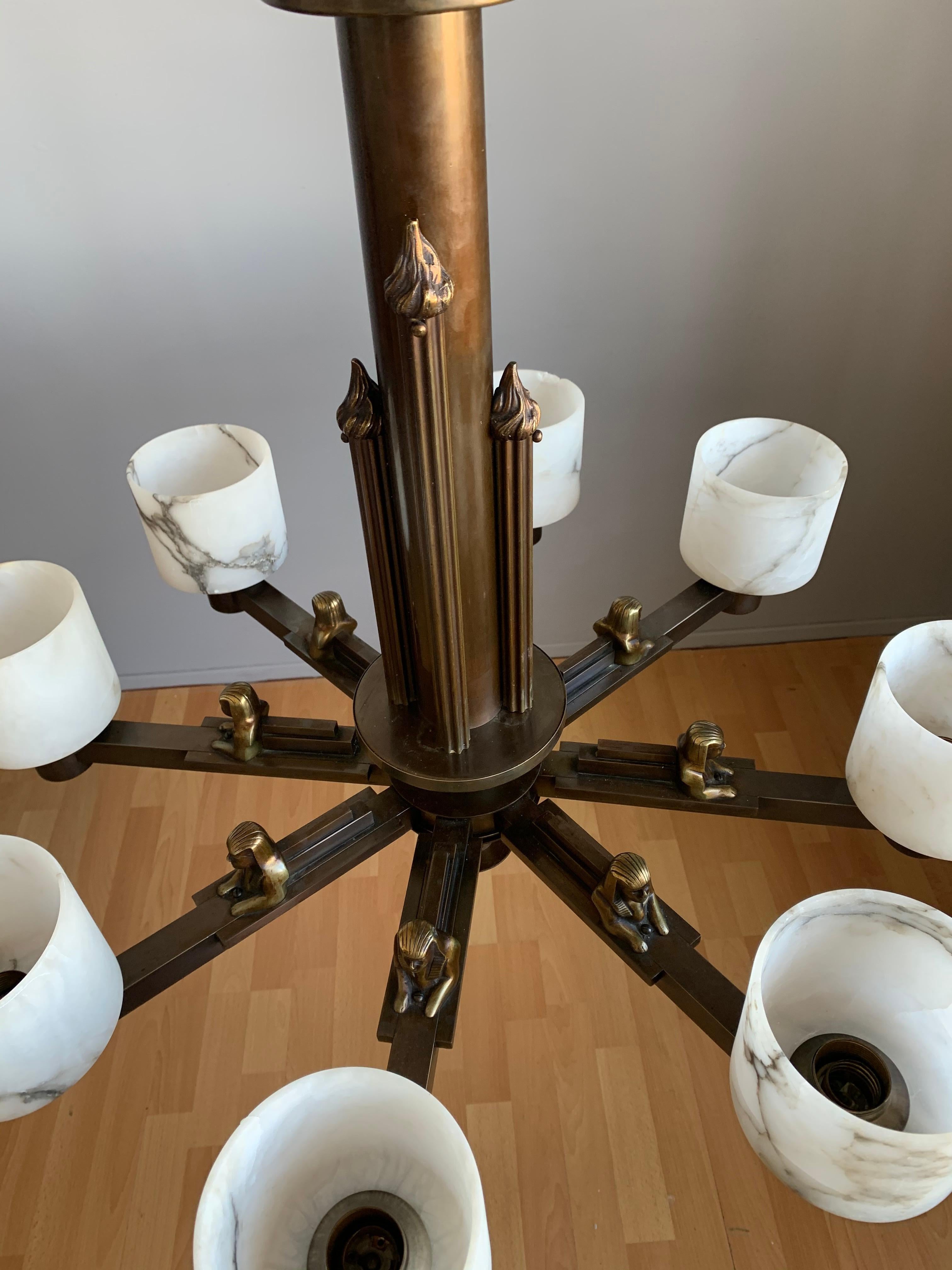 Brass Art Deco Egyptian Revival Chandelier with Stunning White Alabaster Shades  1920s