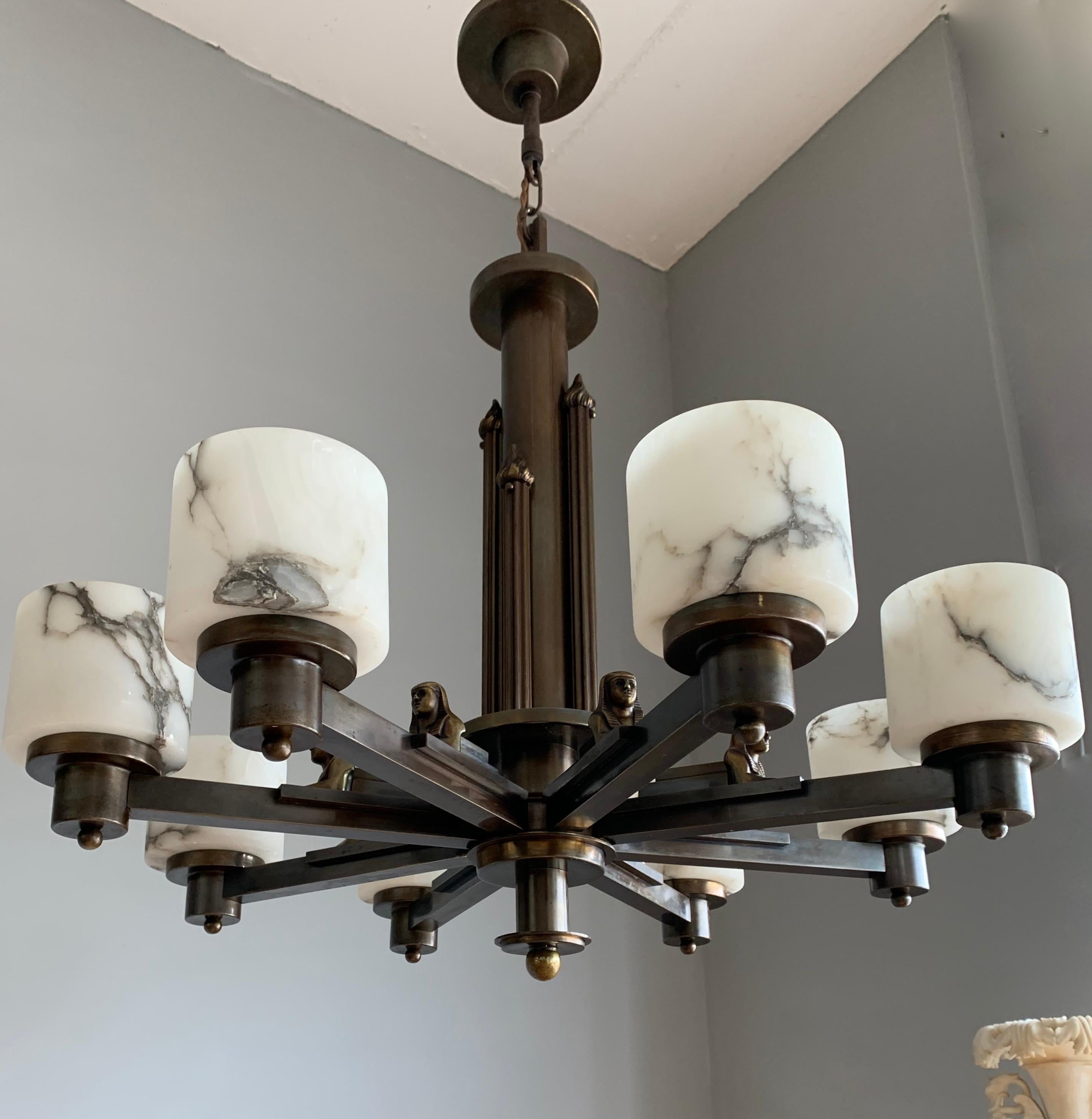 Art Deco Egyptian Revival Chandelier with Stunning White Alabaster Shades  1920s 1