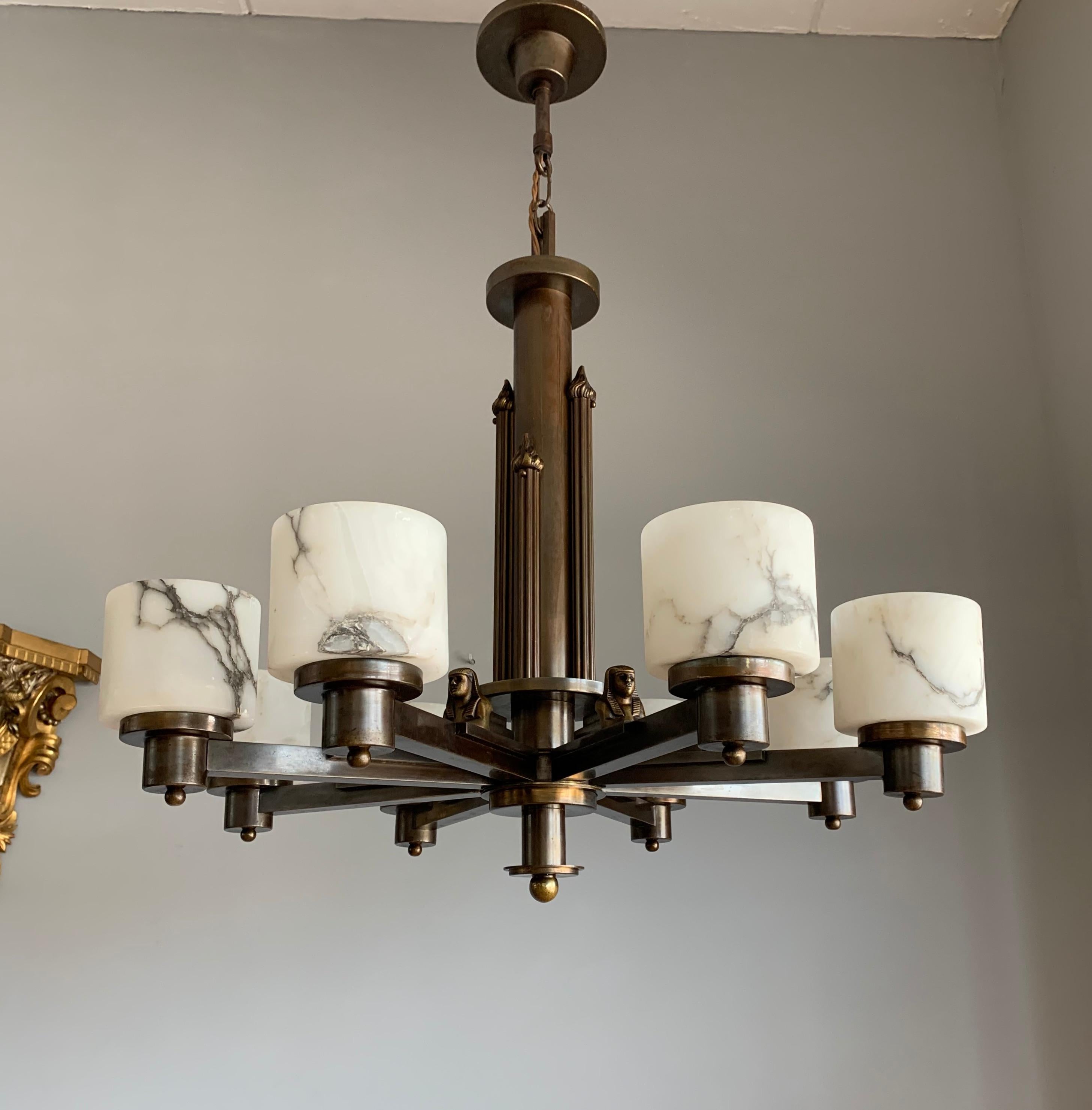 Art Deco Egyptian Revival Chandelier with Stunning White Alabaster Shades  1920s 2