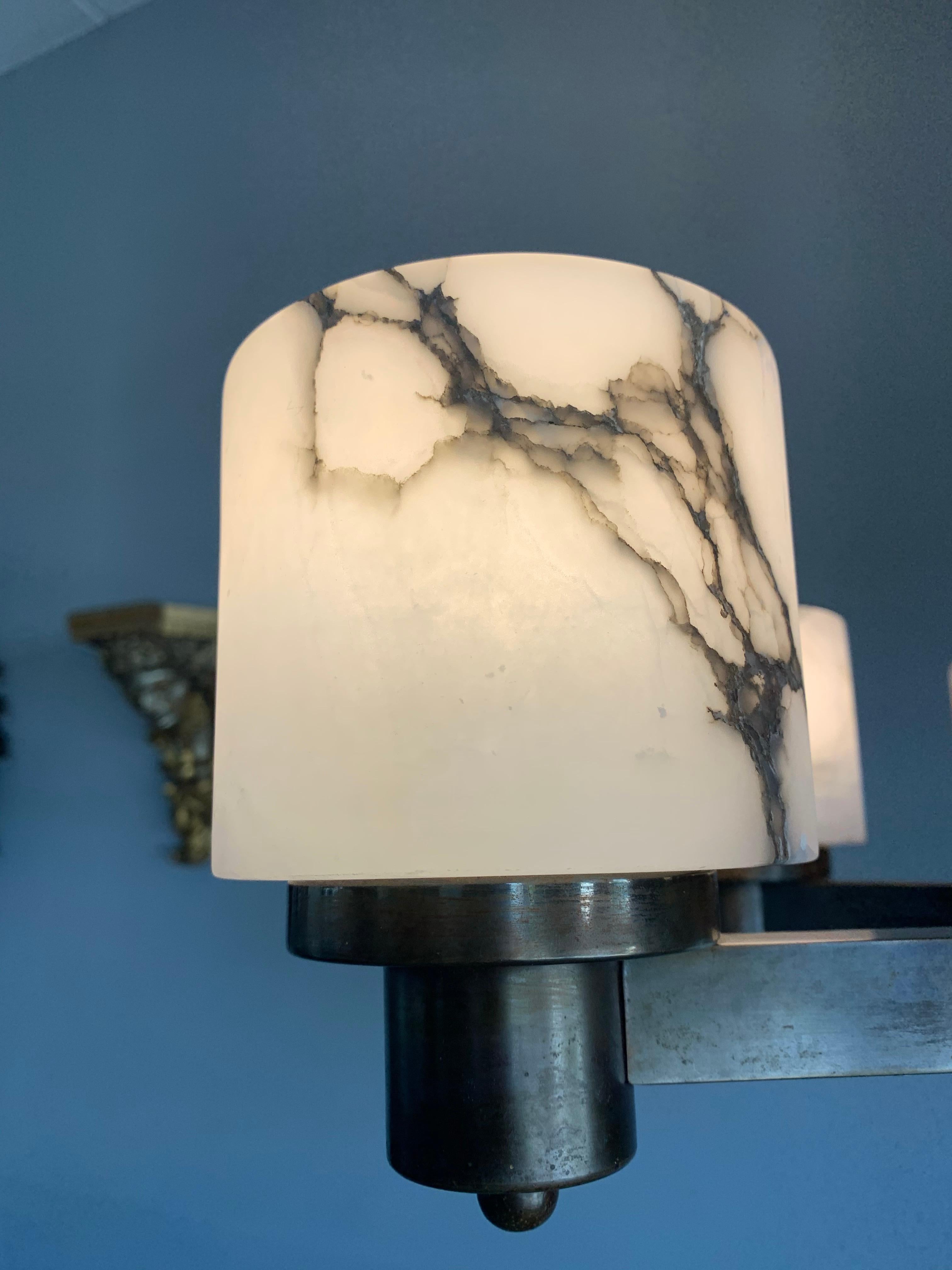 Art Deco Egyptian Revival Chandelier with Stunning White Alabaster Shades  1920s 3