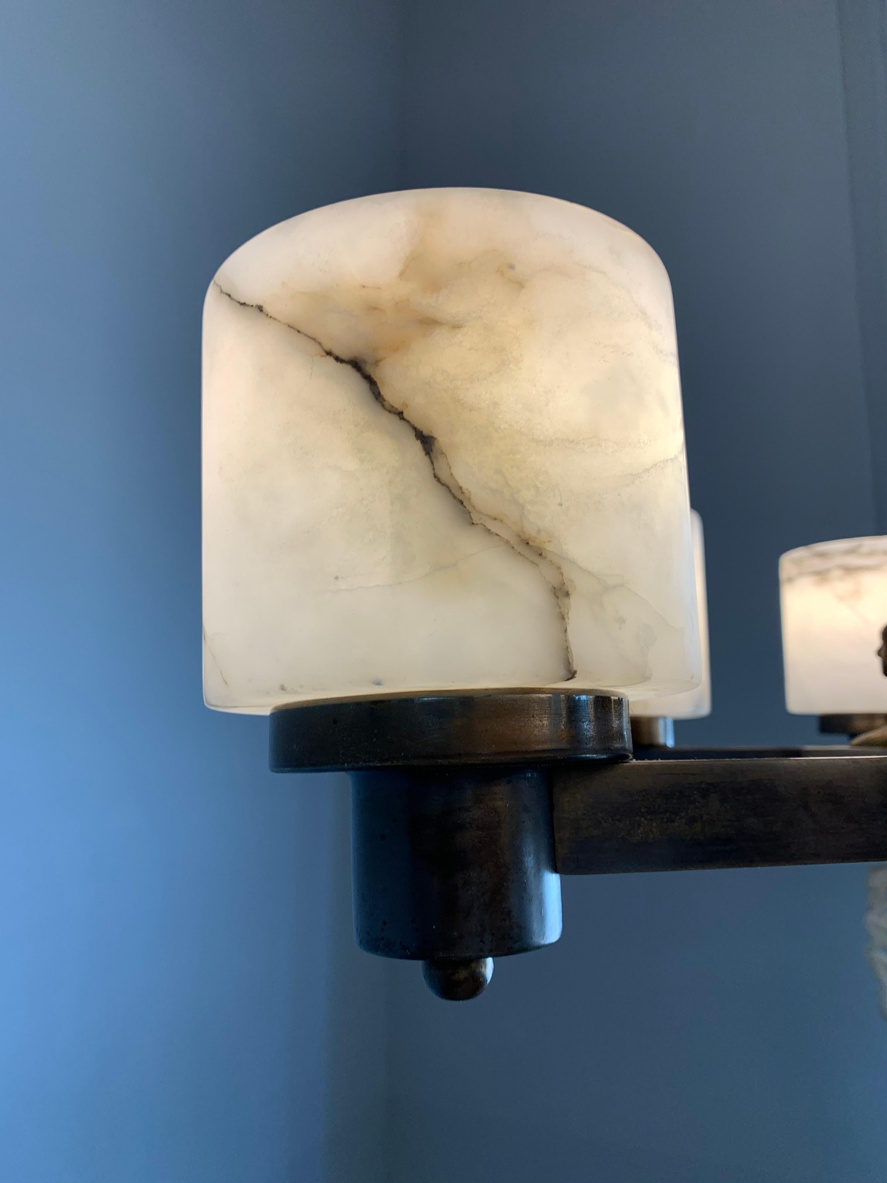 Art Deco Egyptian Revival Chandelier with Stunning White Alabaster Shades  1920s 4