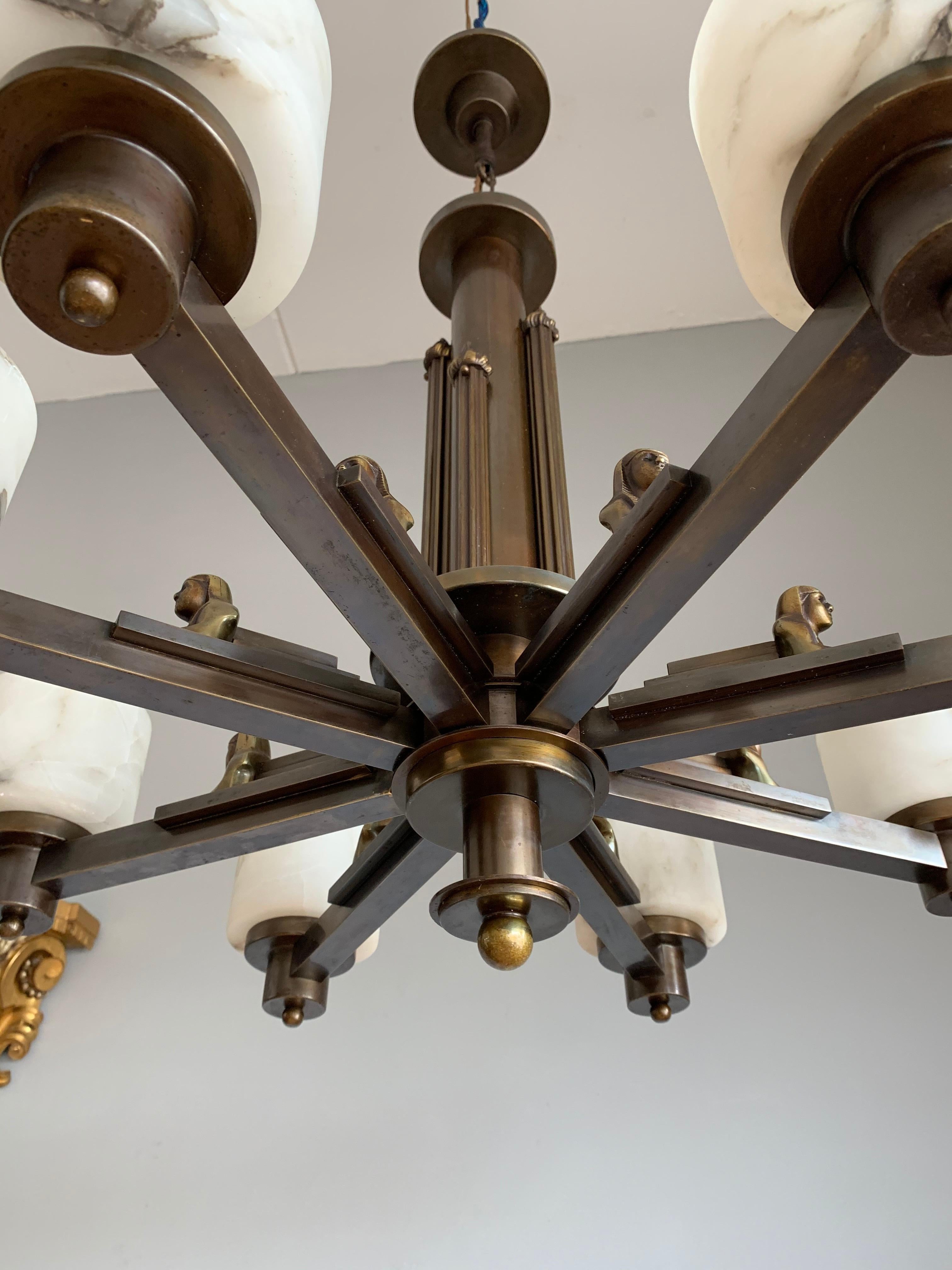 Art Deco Egyptian Revival Chandelier with Stunning White Alabaster Shades  1920s 7
