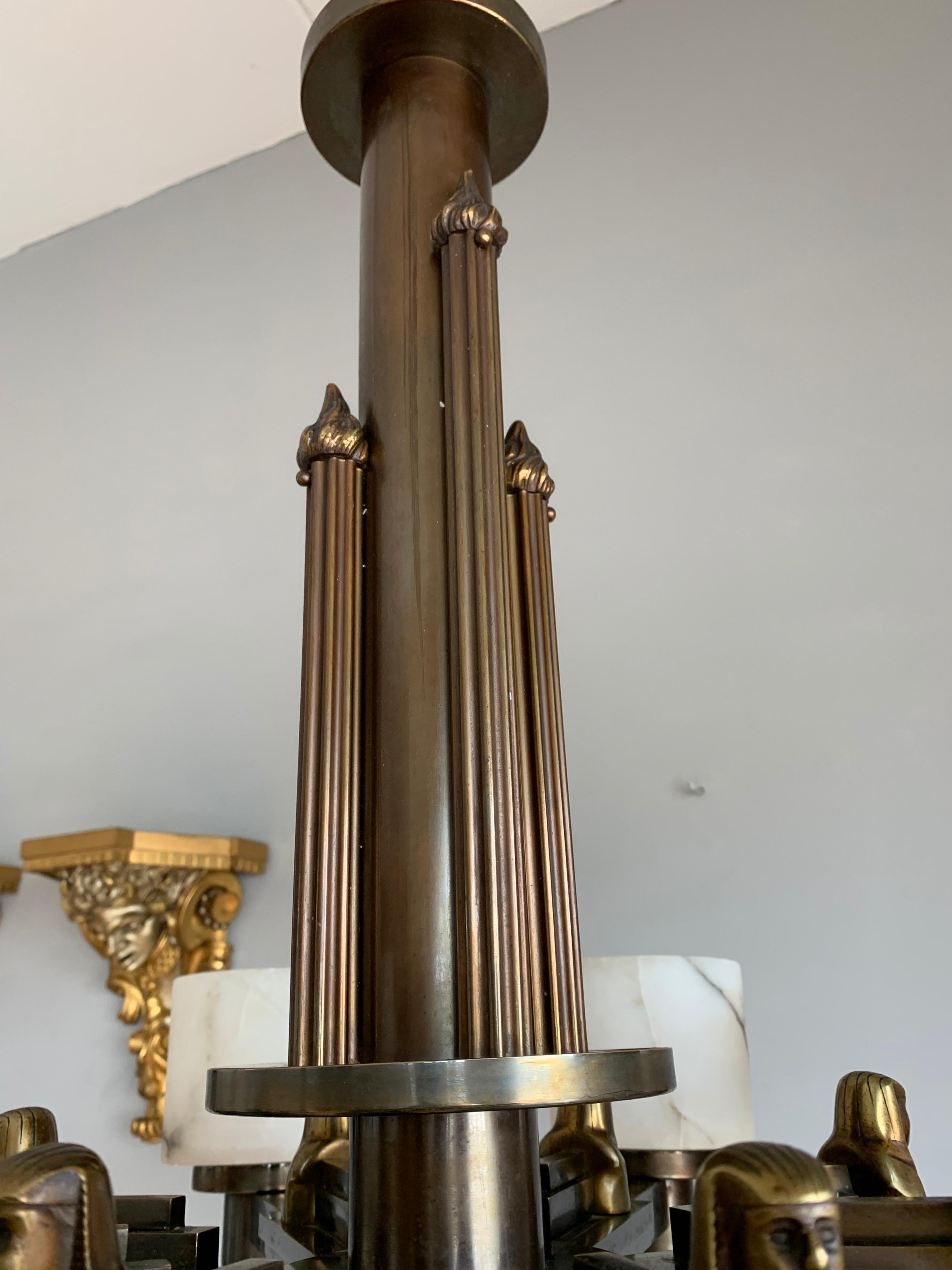 Art Deco Egyptian Revival Chandelier with Stunning White Alabaster Shades  1920s 8