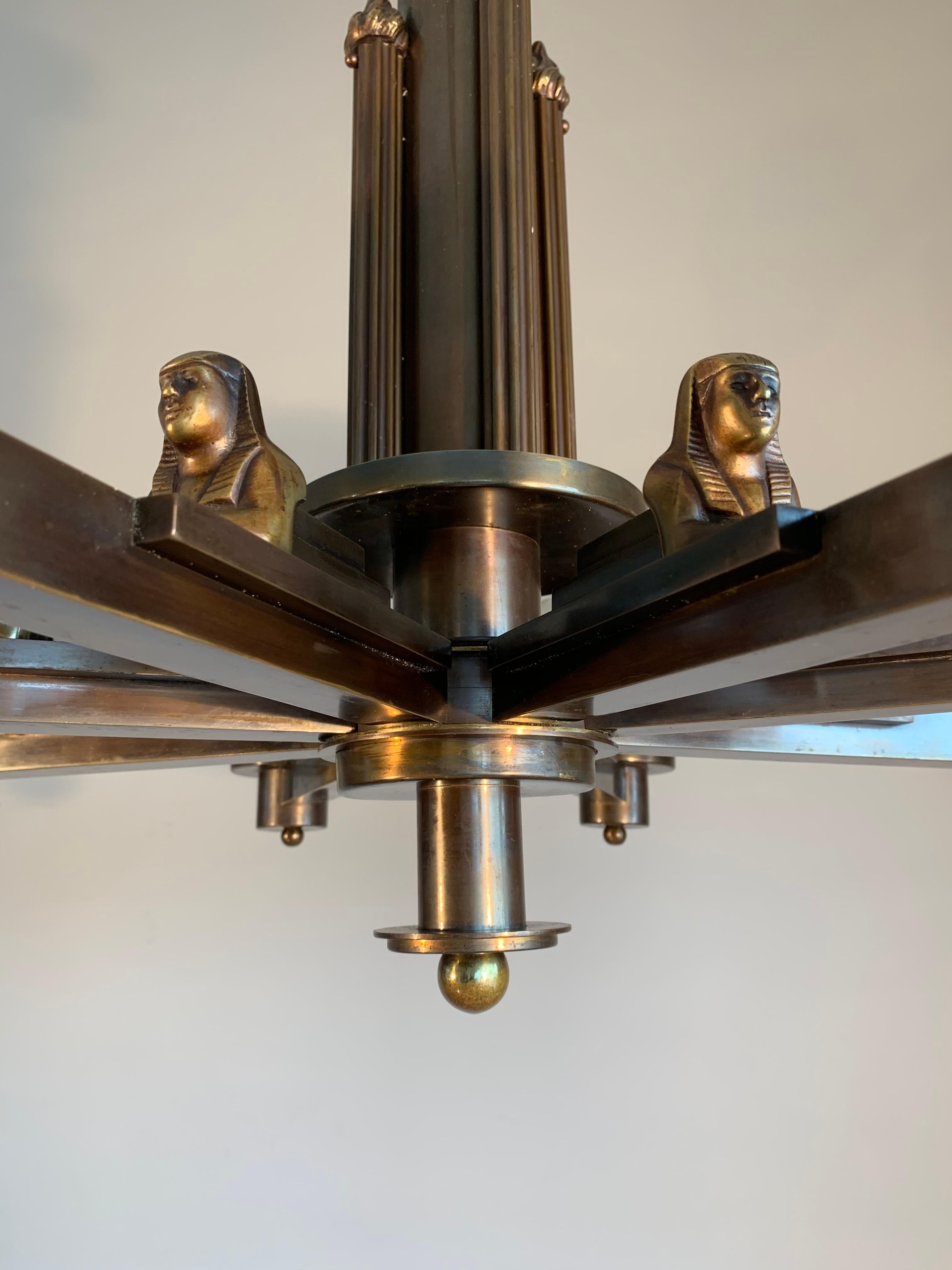 French Art Deco Egyptian Revival Chandelier with Stunning White Alabaster Shades  1920s