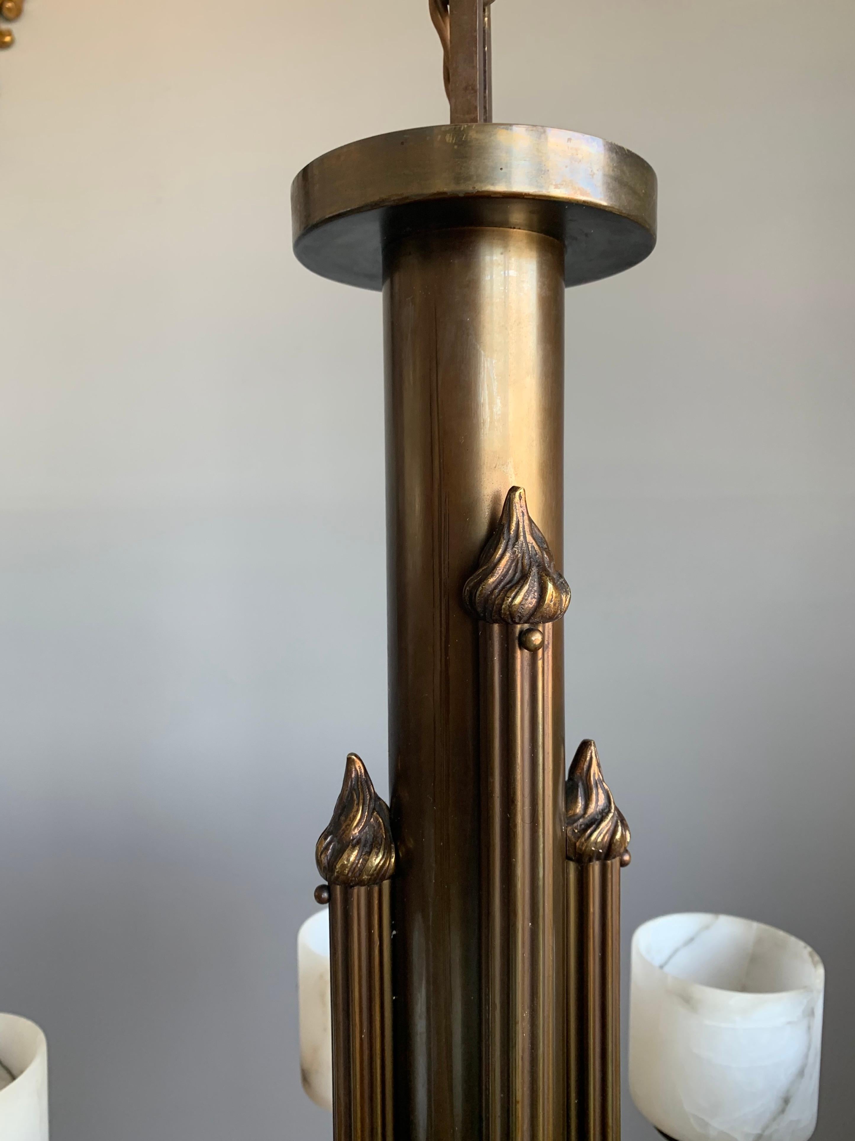 20th Century Art Deco Egyptian Revival Chandelier with Stunning White Alabaster Shades  1920s