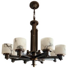 Antique Art Deco Egyptian Revival Chandelier with Stunning White Alabaster Shades  1920s