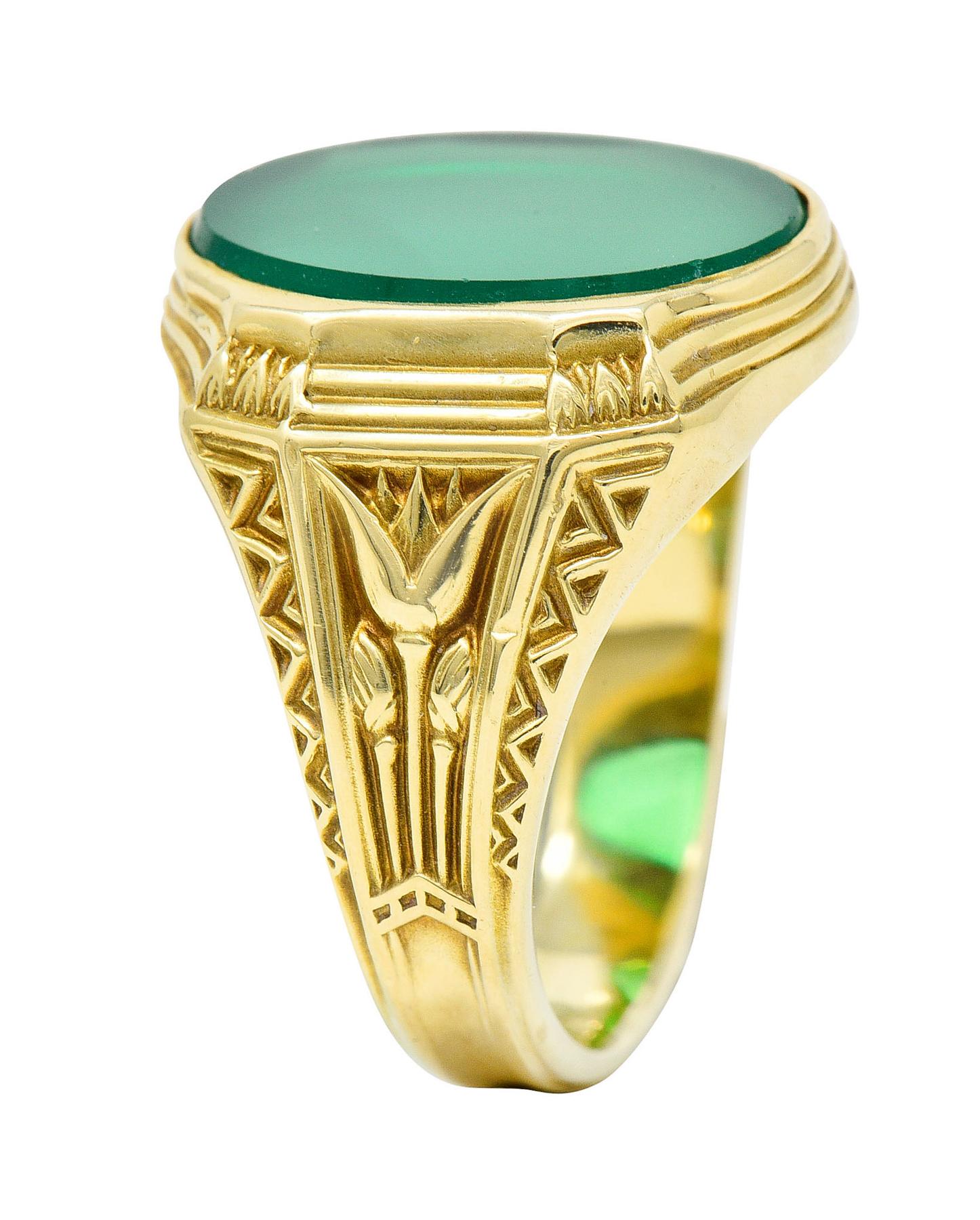 Art Deco Egyptian Revival Chrysoprase 14 Karat Gold Lotus Unisex Signet Ring 5