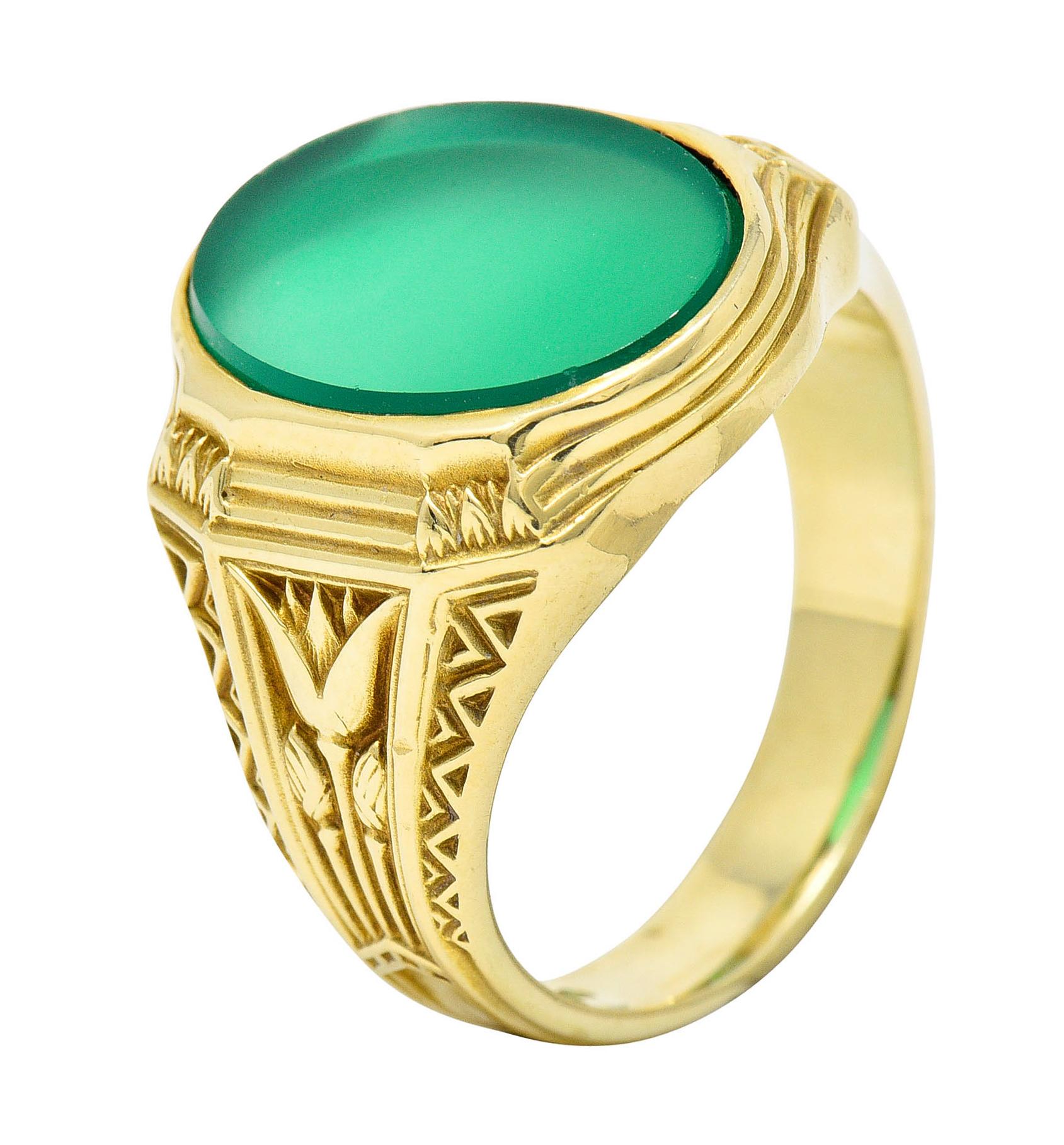 Art Deco Egyptian Revival Chrysoprase 14 Karat Gold Lotus Unisex Signet Ring 7