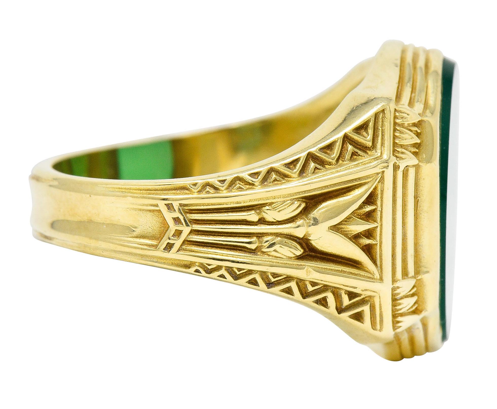 Oval Cut Art Deco Egyptian Revival Chrysoprase 14 Karat Gold Lotus Unisex Signet Ring