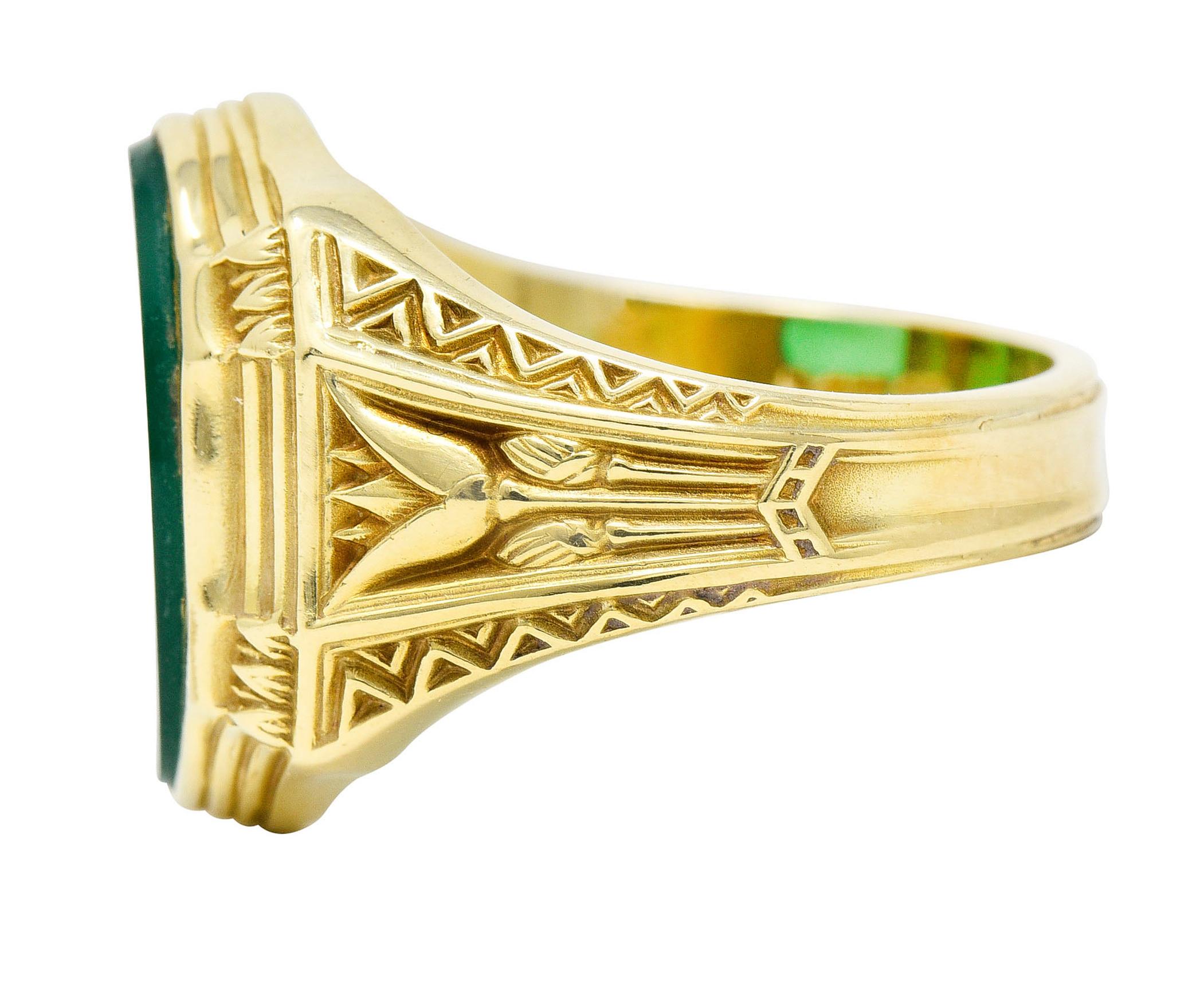 Art Deco Egyptian Revival Chrysoprase 14 Karat Gold Lotus Unisex Signet Ring 1