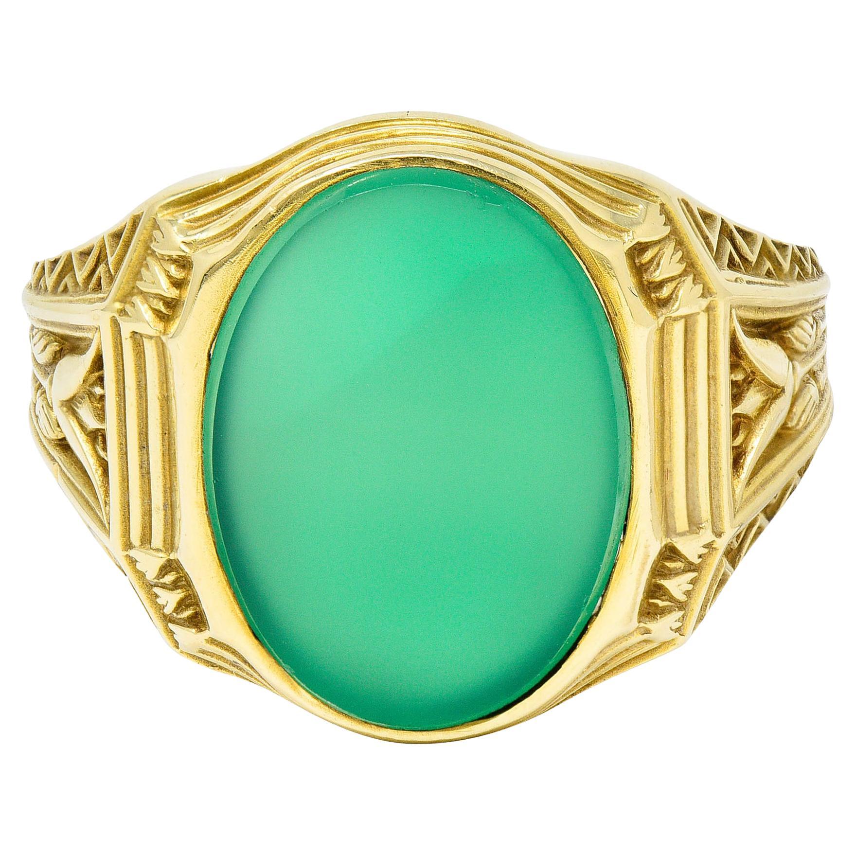 Art Deco Egyptian Revival Chrysoprase 14 Karat Gold Lotus Unisex Signet Ring